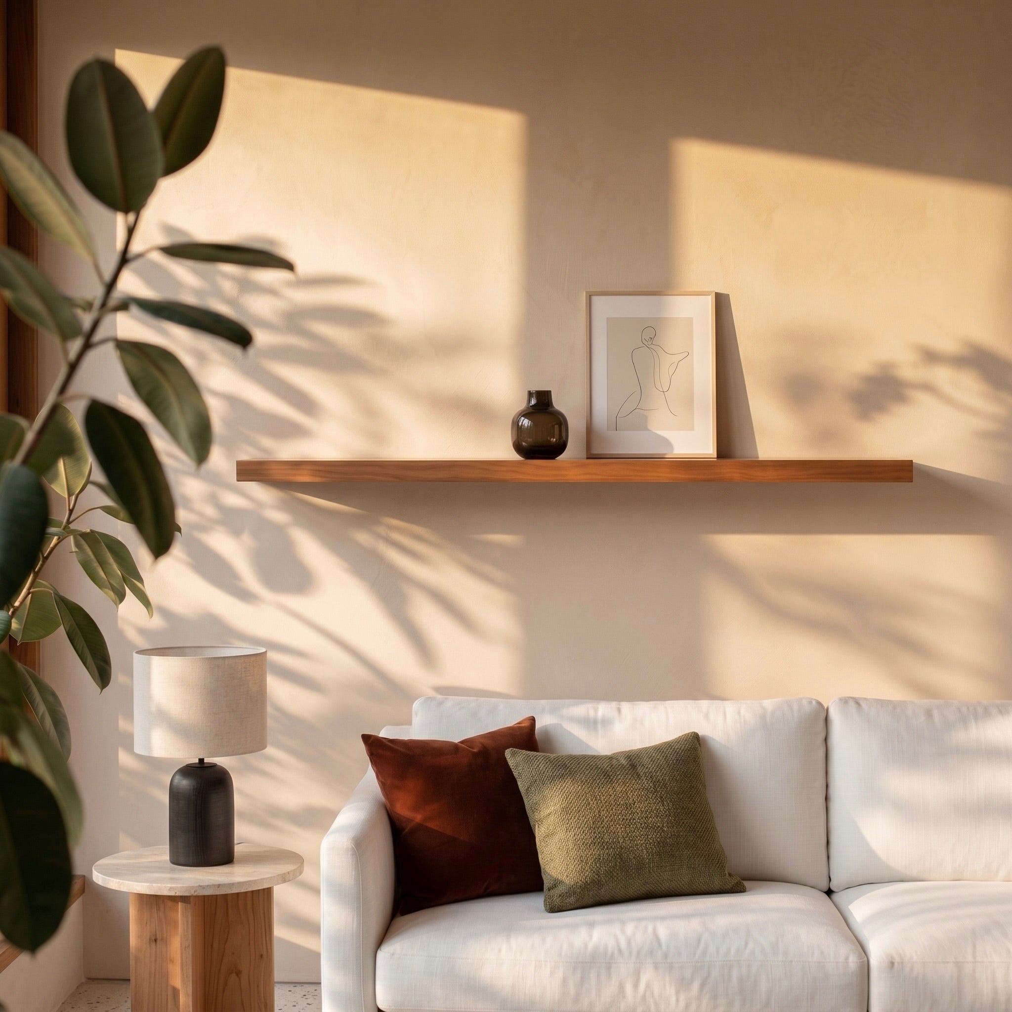 Schwebendes Wandregal aus Kirschbaum Massivholz über hellem Sofa in modernem Japandi-Wohnzimmer mit Dekoration, Pflanzen und warmem Abendlicht an heller Wand
