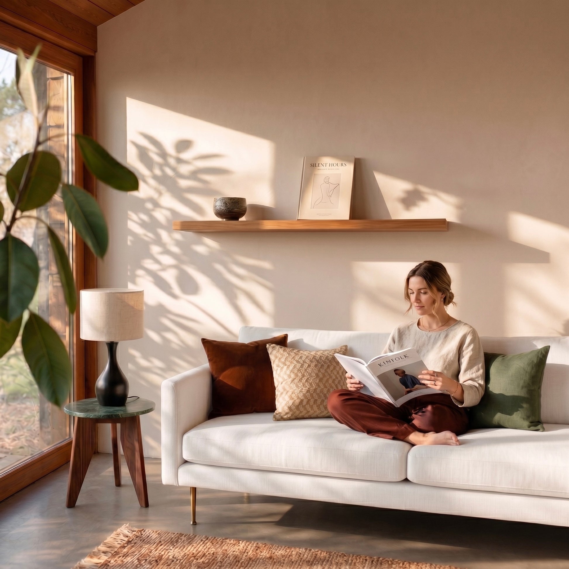 Schwebendes Wandregal aus Kirschbaum Massivholz über hellem Sofa in modernem Japandi-Wohnzimmer mit Frau, Dekoration und warmem Sonnenlicht durch große Fensterfront