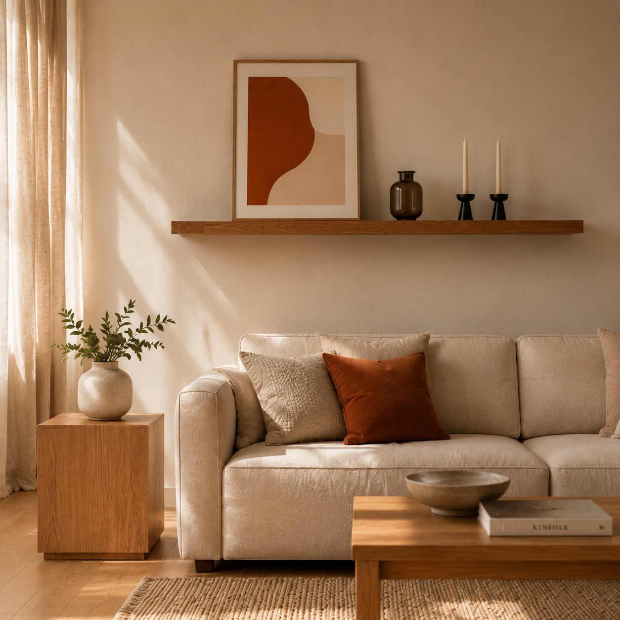 Schwebendes Wandregal aus Ulme Massivholz über hellem Sofa in modernem Japandi-Wohnzimmer mit Kerzenhaltern, Holzdeko und warmem Sonnenlicht an beiger Wand