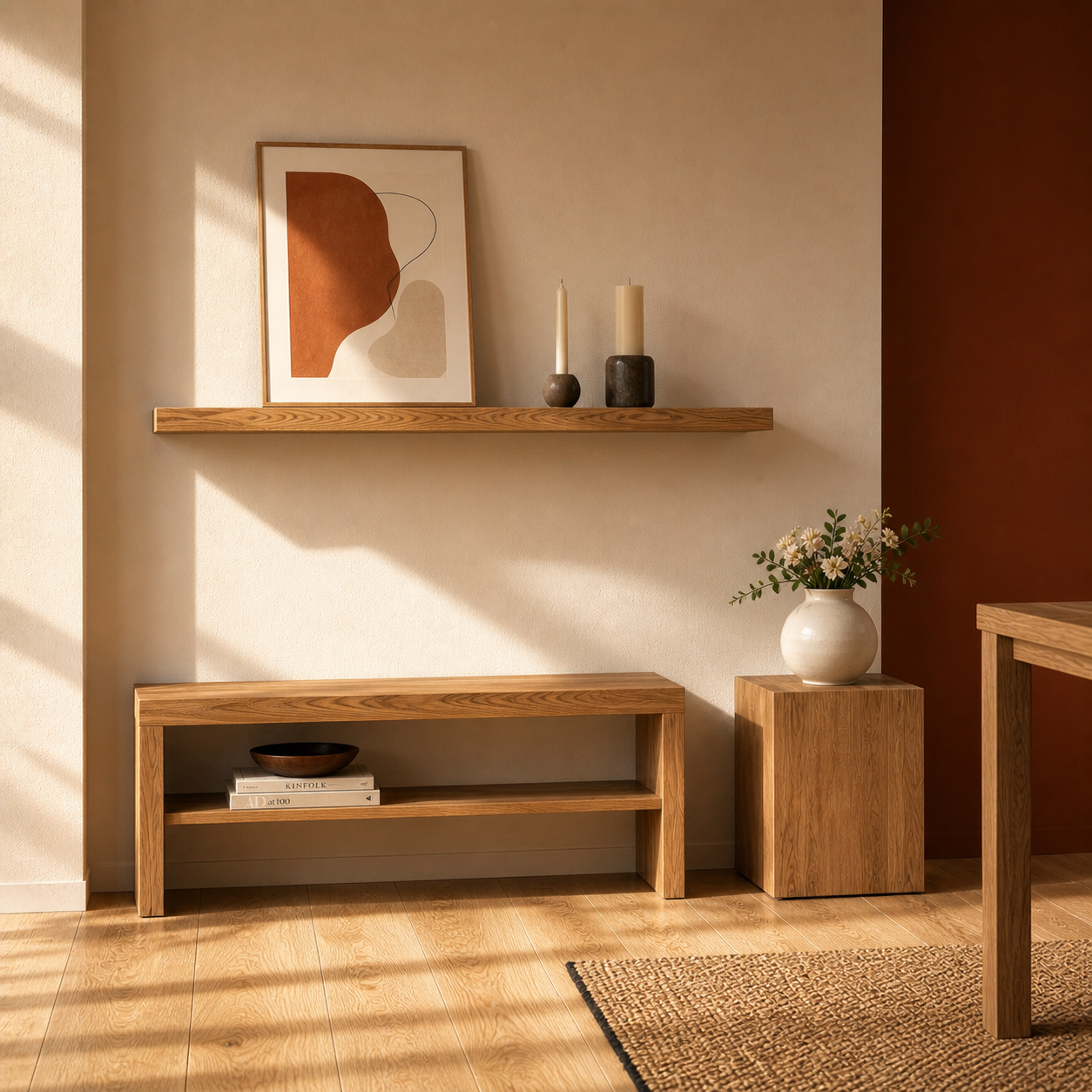 Schwebendes Wandregal aus Ulme Massivholz in modernem Wohnraum mit Holzbank, Keramikdeko und warmem Sonnenlicht im minimalistischen Japandi-Stil