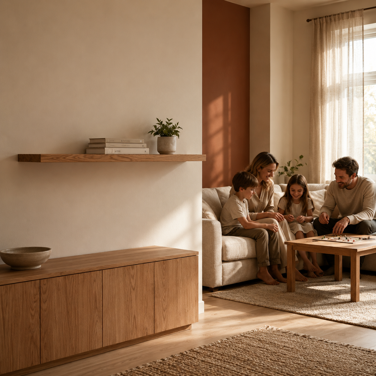 Schwebendes Wandregal aus Ulme Massivholz über Holzsideboard in modernem Wohnzimmer mit Familie, warmem Sonnenlicht und minimalistischer Japandi-Einrichtung