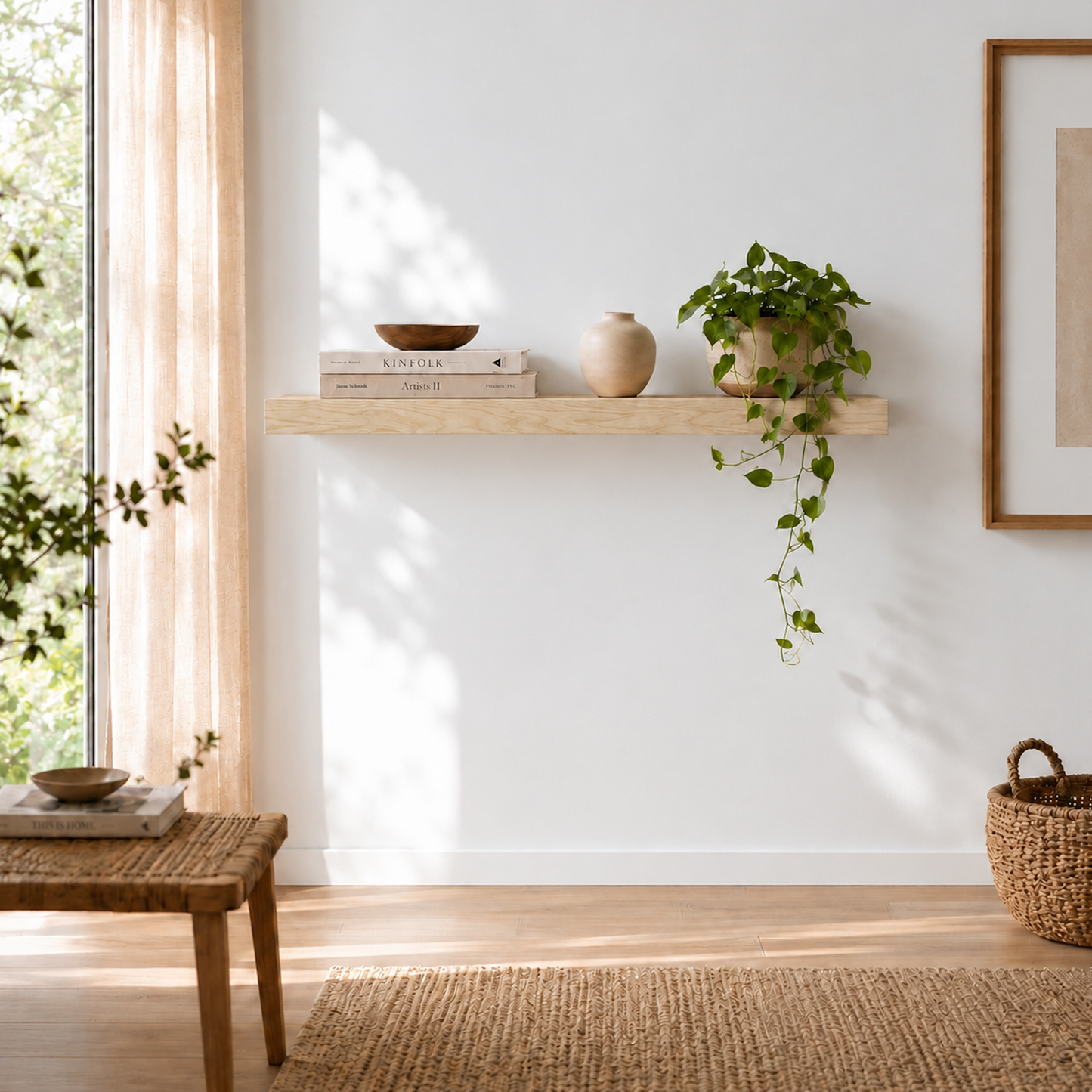 Schweberegal ECO aus furnierter Esche mit verdeckter Wandhalterung. Helles Wandregal mit natürlicher Esche-Maserung und hochwertiger Furnieroberfläche für moderne Wohnräume.