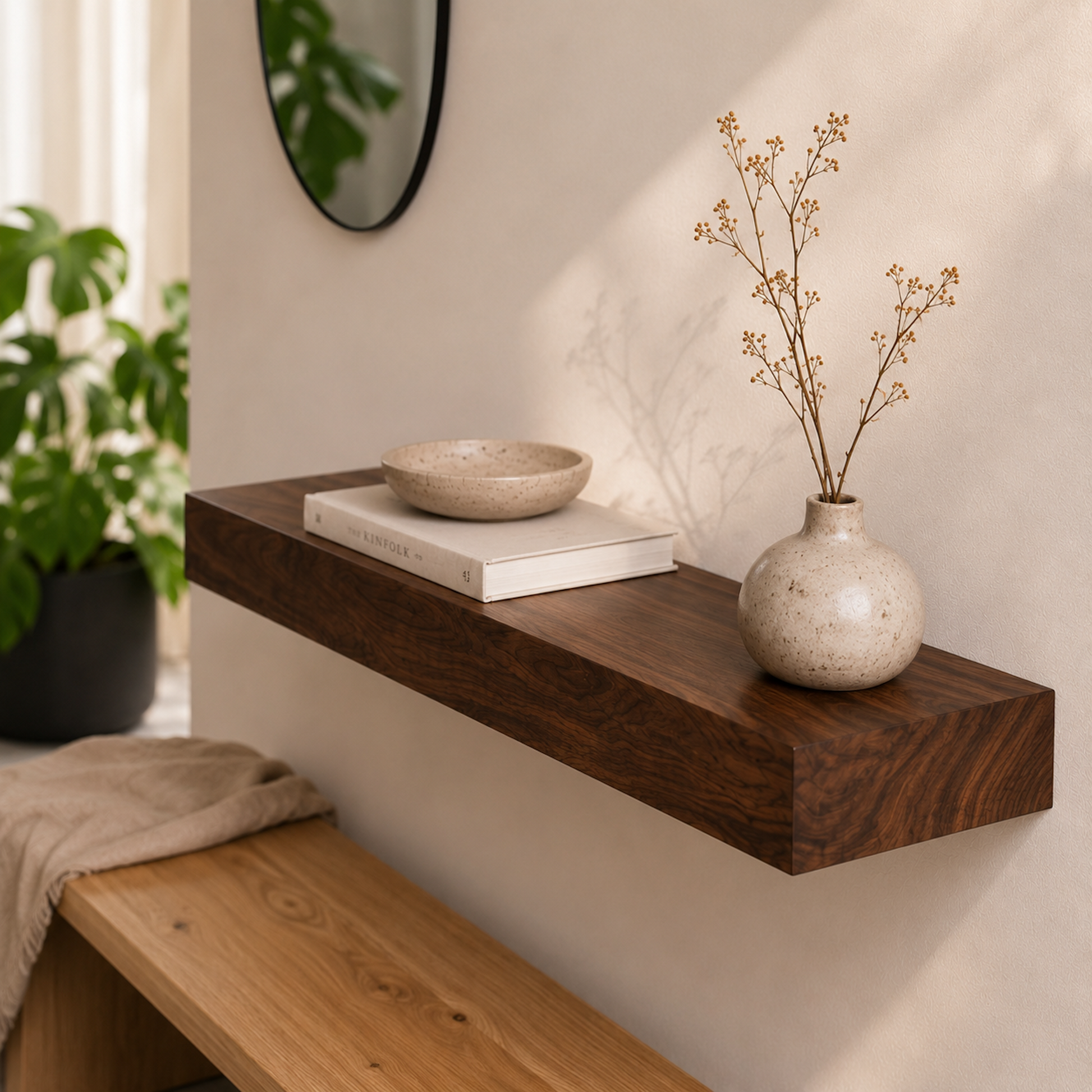 Schweberegal ECO aus furniertem Nussbaum mit verdeckter Wandhalterung. Detailansicht der charakteristischen Nussbaum-Maserung und hochwertigen Furnieroberfläche in dunkler Holzoptik.