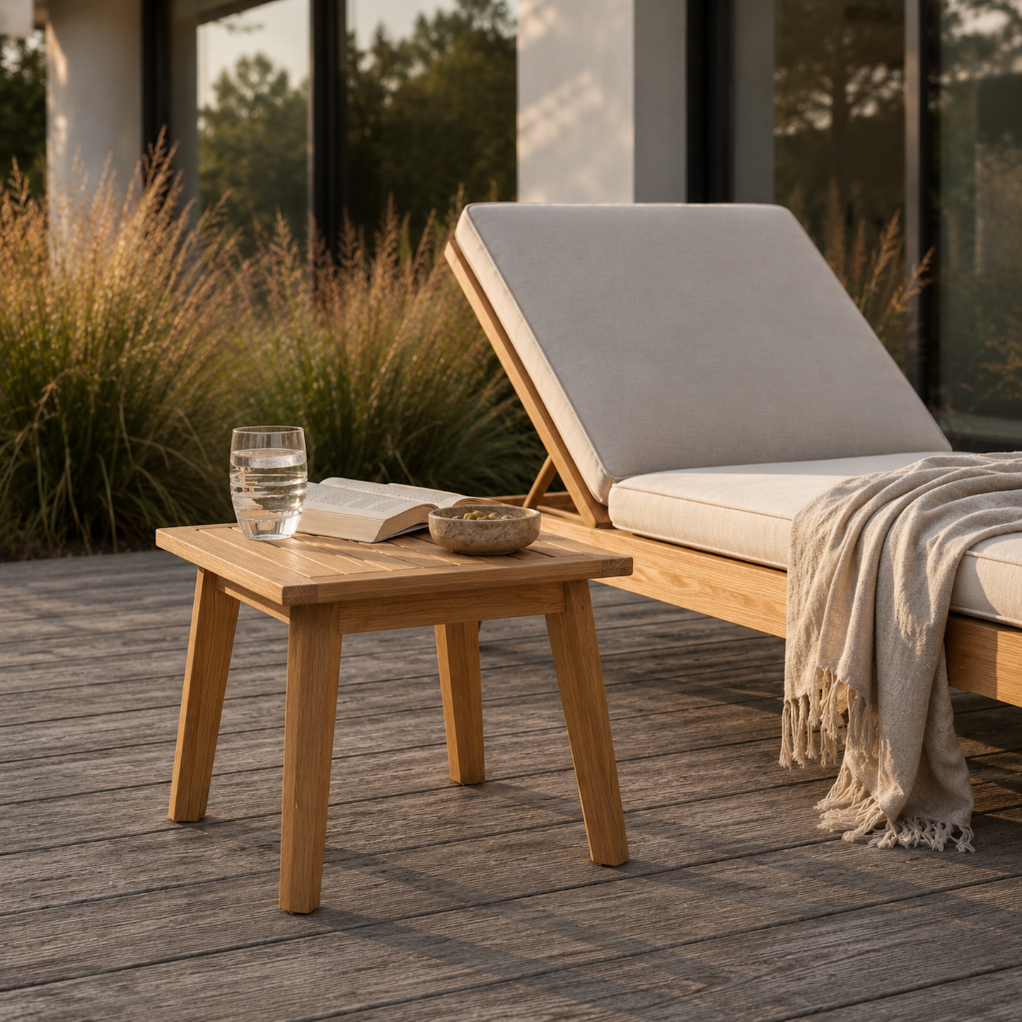 Massiver Sitzhocker Terra aus Eiche als stilvoller Beistelltisch neben moderner Outdoor-Liege auf einer Holzterrasse im warmen Abendlicht. Natürliche Szene mit Wasserglas, Buch und weichen Textilien im minimalistischen Gartenambiente.
