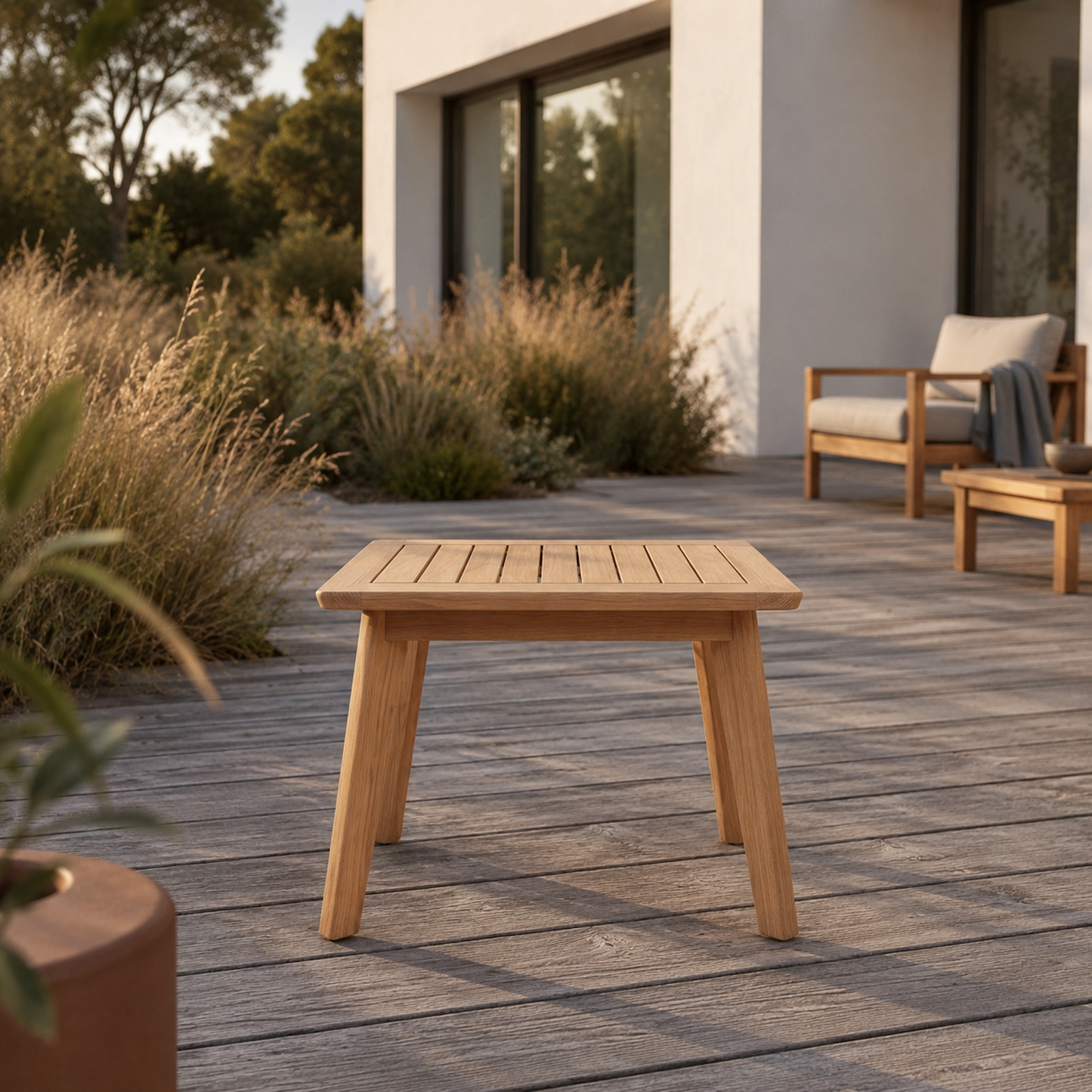 Minimalistischer Sitzhocker Terra aus massiver Eiche auf moderner Holzterrasse im warmen Abendlicht. Natürliche Outdoor-Szene mit hohen Gräsern, heller Architektur und passendem Lounge-Sessel im Hintergrund.