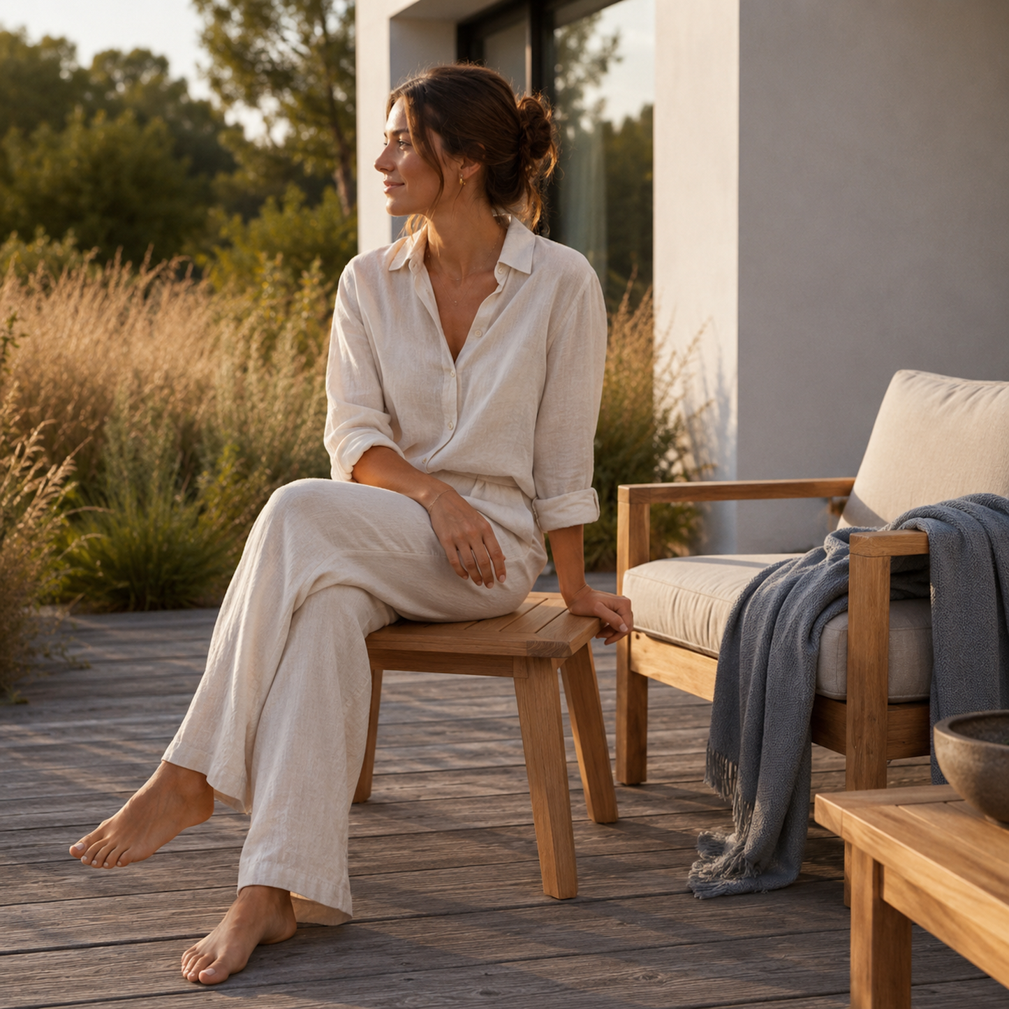 Massiver Sitzhocker Terra aus Eiche auf moderner Holzterrasse im warmen Abendlicht. Eine Frau in heller Leinenkleidung sitzt entspannt auf dem minimalistischen Holzhocker neben einem Lounge-Sessel in natürlicher Outdoor-Umgebung.