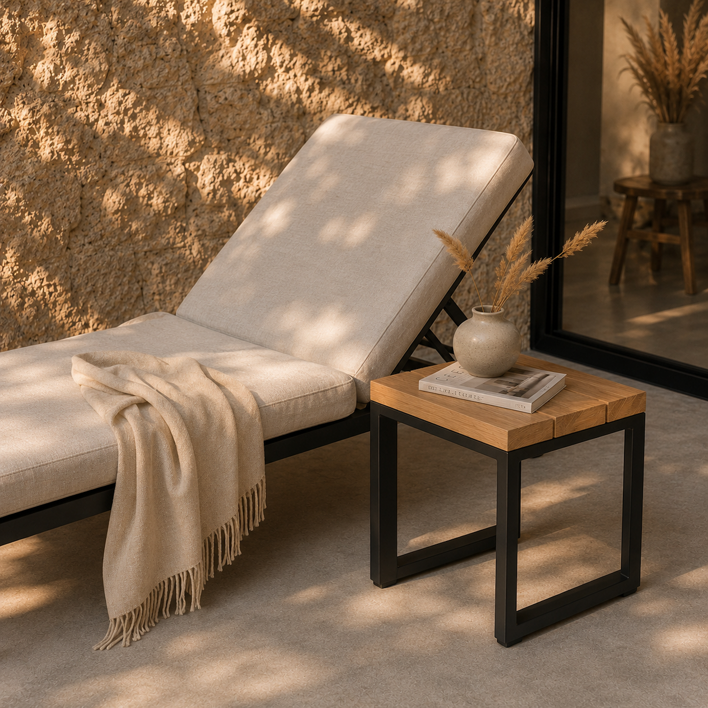 Sitzhocker Urban aus massiver Eiche mit schwarzem Stahlgestell neben einer modernen Outdoor-Liege auf einer minimalistischen Terrasse. Der Hocker wird als stilvoller Beistelltisch genutzt und ist mit Vase, Magazin und Deko arrangiert. Warmes Abendlicht und mediterrane Atmosphäre.