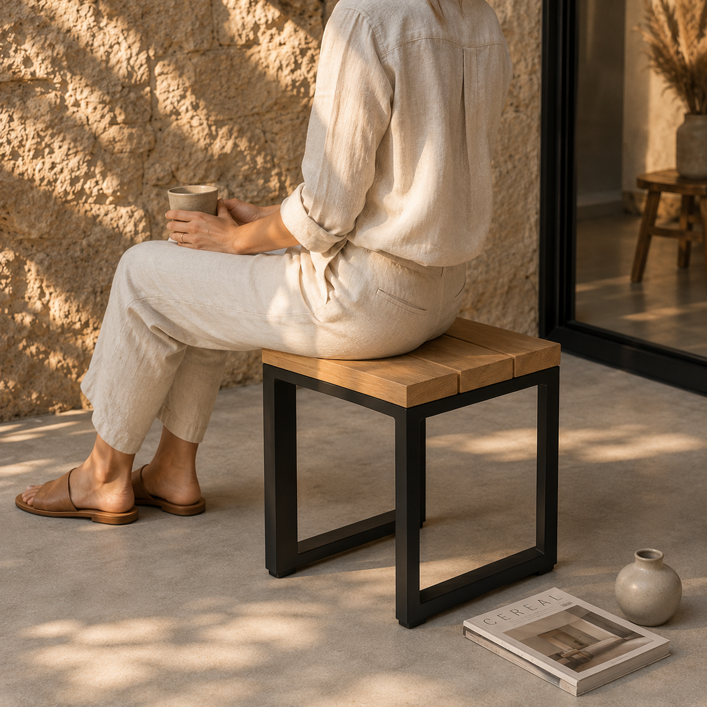 Moderner Sitzhocker Urban aus massiver Eiche mit schwarzem Stahlgestell auf einer minimalistischen Terrasse. Eine Person sitzt entspannt auf dem Hocker mit einer Tasse in der Hand. Warmes Abendlicht, natürliche Steinwand und ruhige mediterrane Outdoor-Atmosphäre.