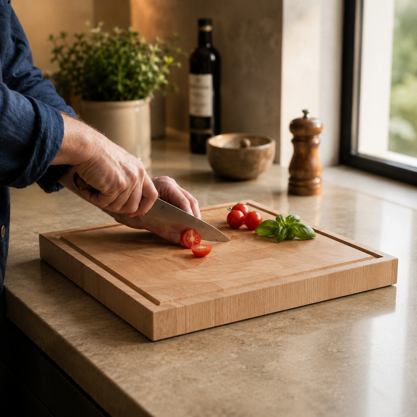 Ein Stirnholz-Schneidebrett aus Buche auf heller Küchenarbeitsplatte, während Tomaten mit einem Küchenmesser geschnitten werden. Warmes Tageslicht, Basilikum und hochwertige Küchenaccessoires im Hintergrund.