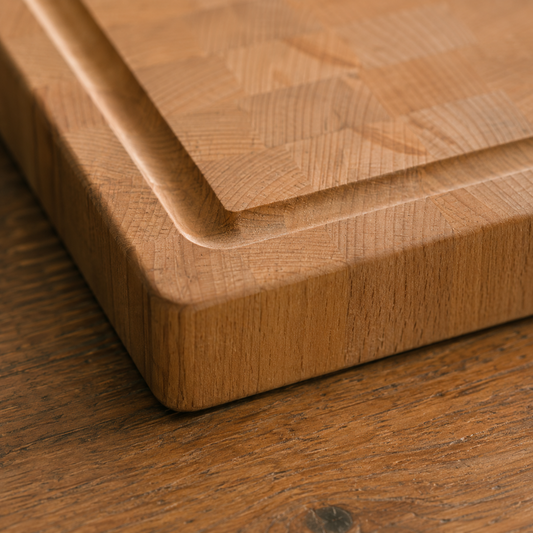 Detailaufnahme eines Stirnholz-Schneidebretts aus Buche mit abgerundeter Ecke, eingefräster Saftrille und feiner Endgrain-Maserung auf dunklem Holztisch.
