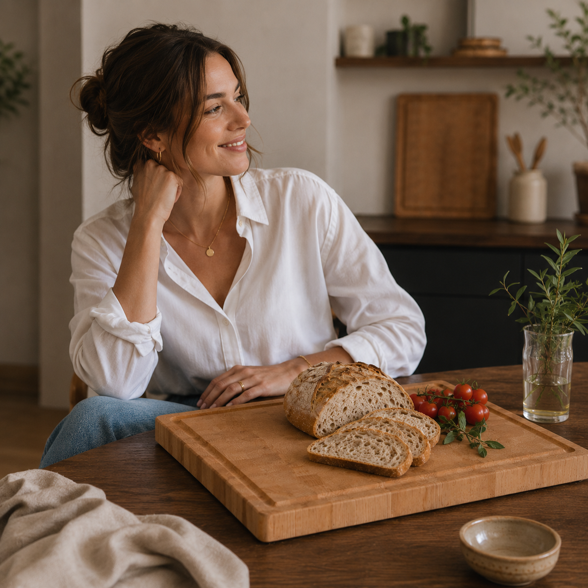 Eine Frau sitzt an einem Holztisch neben einem Stirnholz-Schneidebrett aus Buche mit frischem Brot und Cherrytomaten. Warme Lichtstimmung und moderne Küche im Hintergrund sorgen für eine natürliche, wohnliche Atmosphäre.