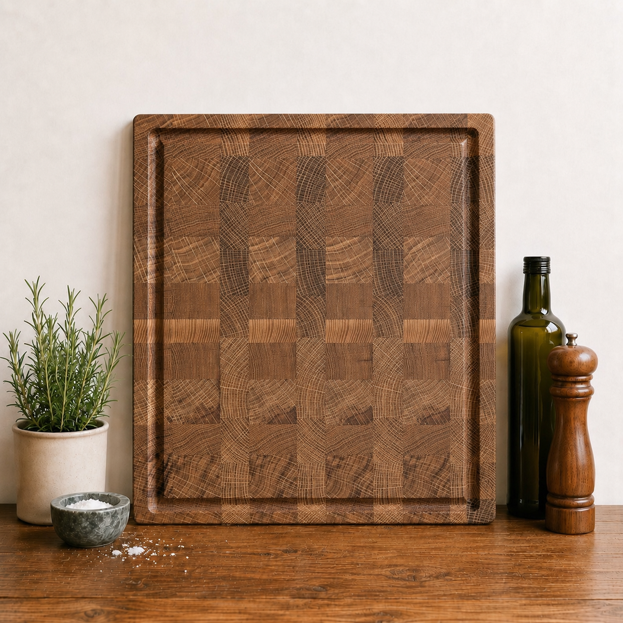 Massives Stirnholz-Schneidebrett aus Eiche mit markanter Endgrain-Maserung und Saftrille. Frontal aufgenommen in heller Küche mit Ölflasche und Gewürzmühle.