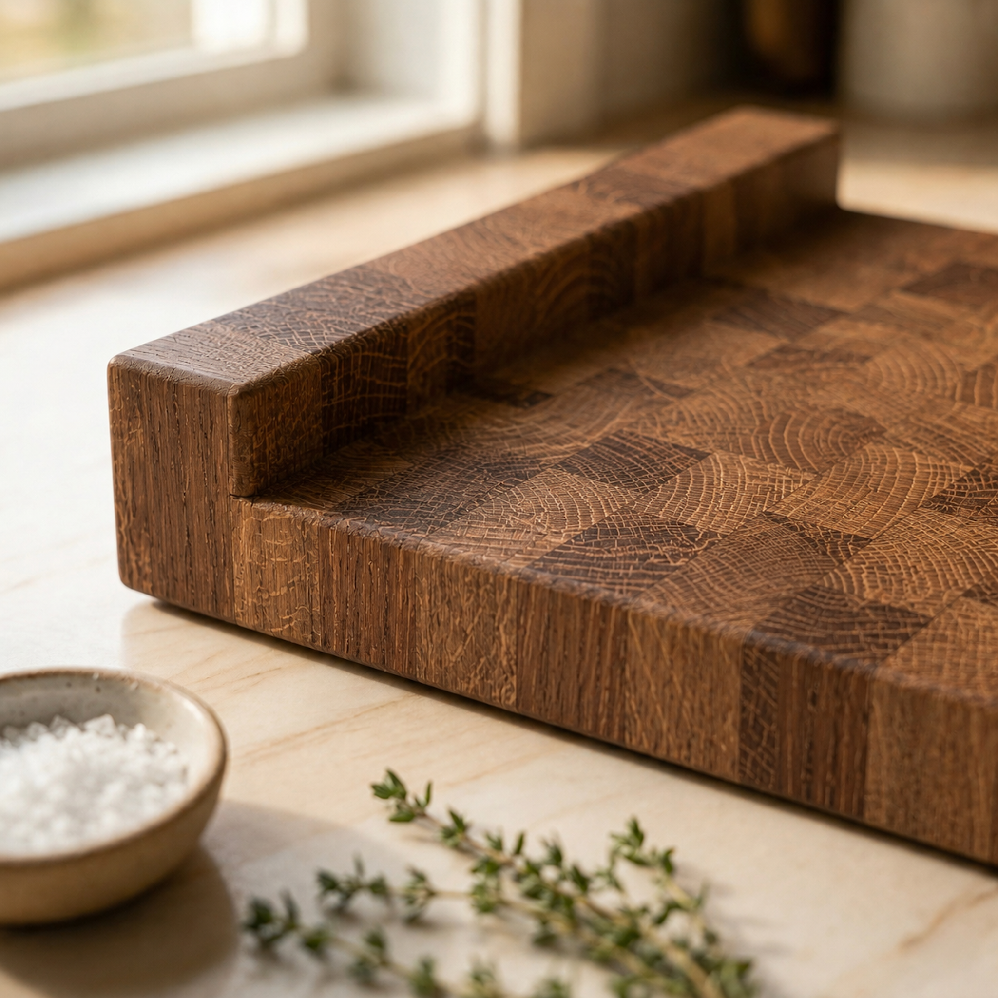 Detailaufnahme eines Stirnholz-Schneidebretts aus Eiche mit massiver Anschlagkante. Die dunkle Endholzstruktur und die handwerklich präzise Verarbeitung stehen im Fokus. Natürliches Licht, grobes Salz und frische Kräuter sorgen für eine warme, hochwertige Küchenatmosphäre.