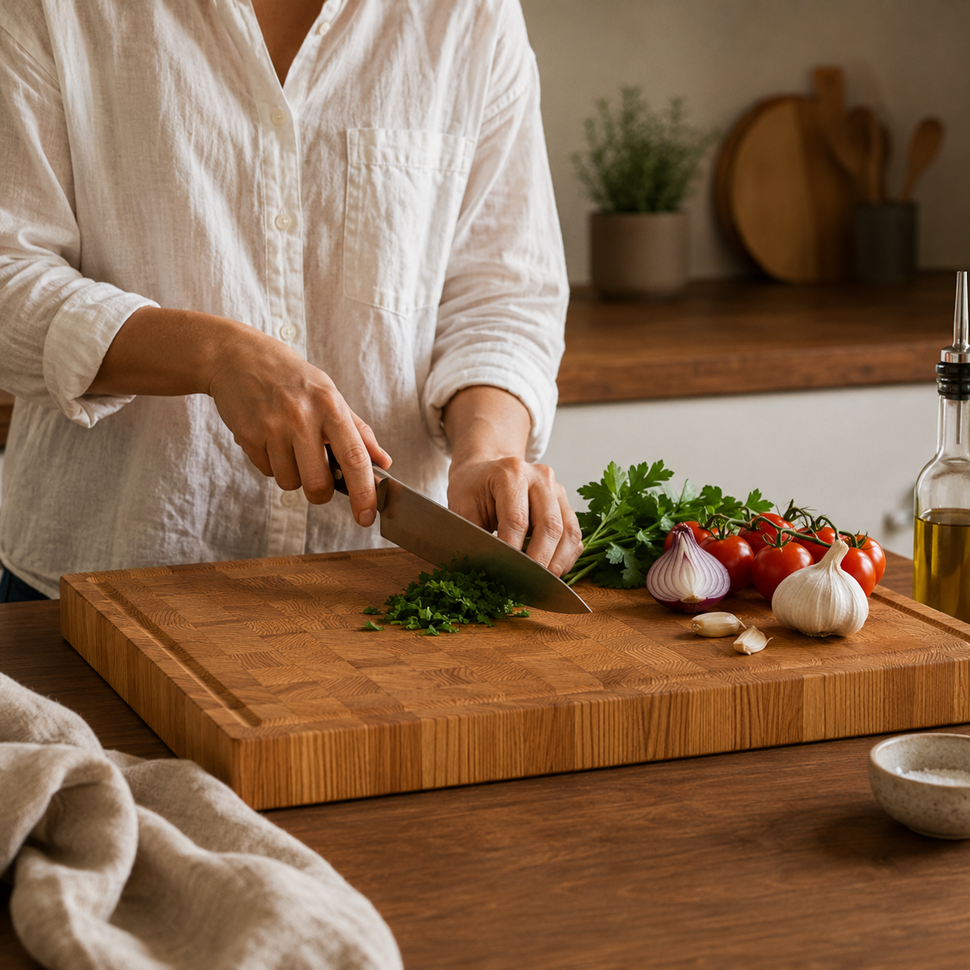 Eine Person hackt frische Kräuter auf einem Stirnholz-Schneidebrett aus Lärche. Tomaten, Knoblauch und Petersilie liegen auf dem Brett, während warmes Licht und eine natürliche Küche im Hintergrund für eine hochwertige Kochatmosphäre sorgen.