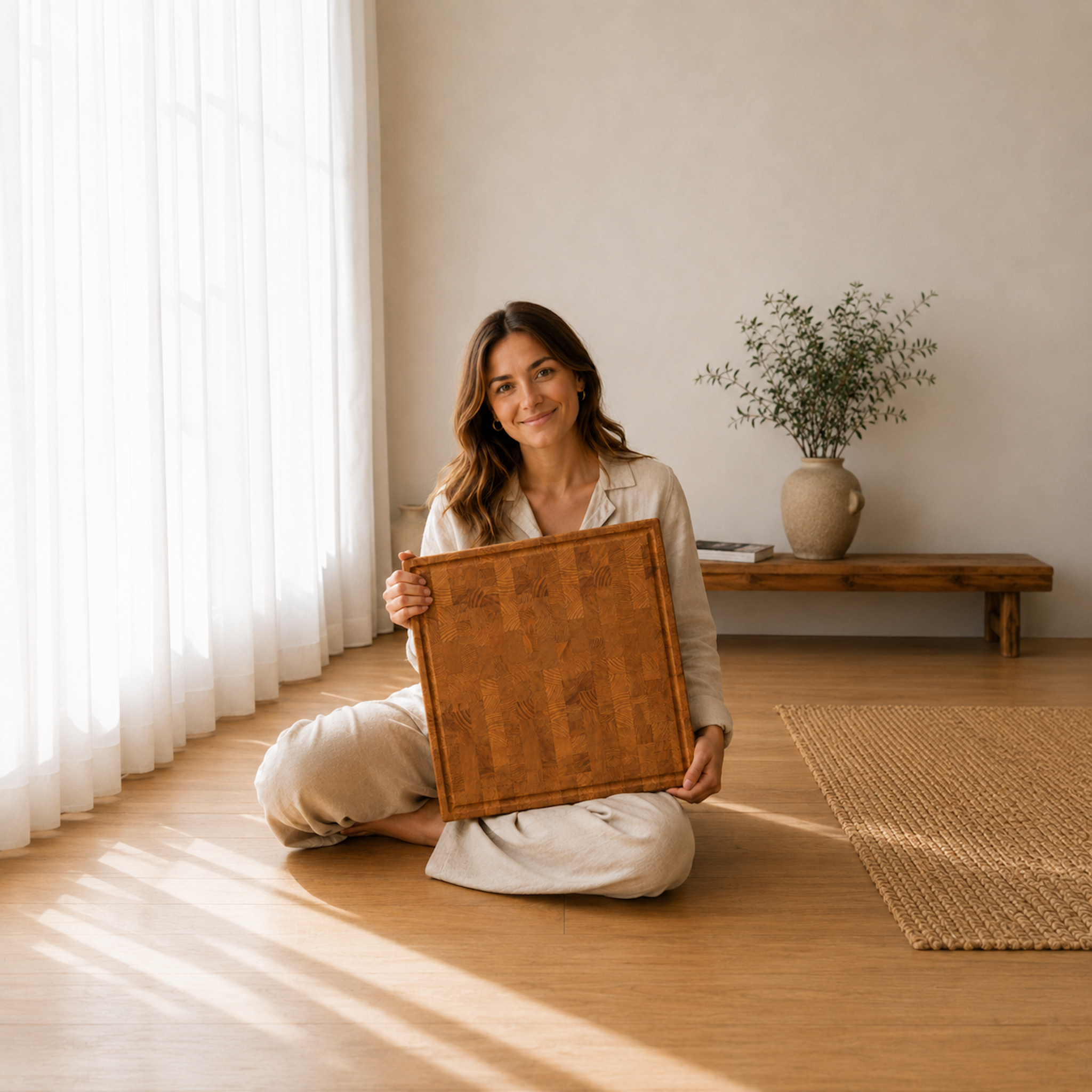 Frau sitzt in einem hellen, minimalistischen Wohnraum im Japandi-Stil und hält ein großes Stirnholz-Schneidebrett aus Lärche in die Kamera. Warmes Sonnenlicht, natürliche Materialien und ruhige Beige- und Holztöne schaffen eine hochwertige, wohnliche Atmosphäre.