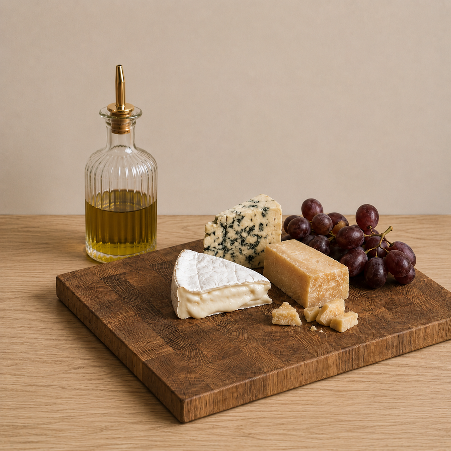 Stirnholz-Servierbrett aus Eiche mit verschiedenen Käsesorten, Trauben und Olivenöl auf hellem Holztisch. Warme, minimalistische Food-Fotografie.