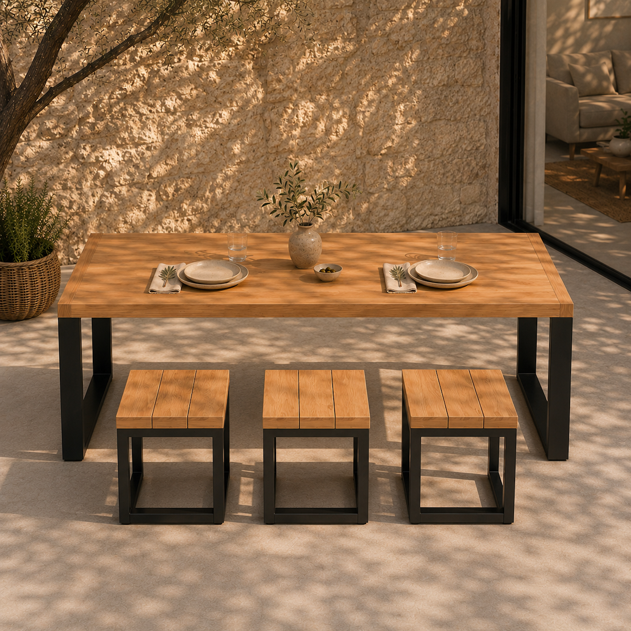 Moderner Terrassentisch Urban aus massiver Eiche mit schwarzen Stahlkufen auf einer minimalistischen Terrasse. Drei passende Sitzhocker Urban aus Eiche stehen vor dem Tisch. Warmes Sonnenlicht, mediterrane Steinwand und stilvolle Outdoor-Atmosphäre mit natürlicher Dekoration.