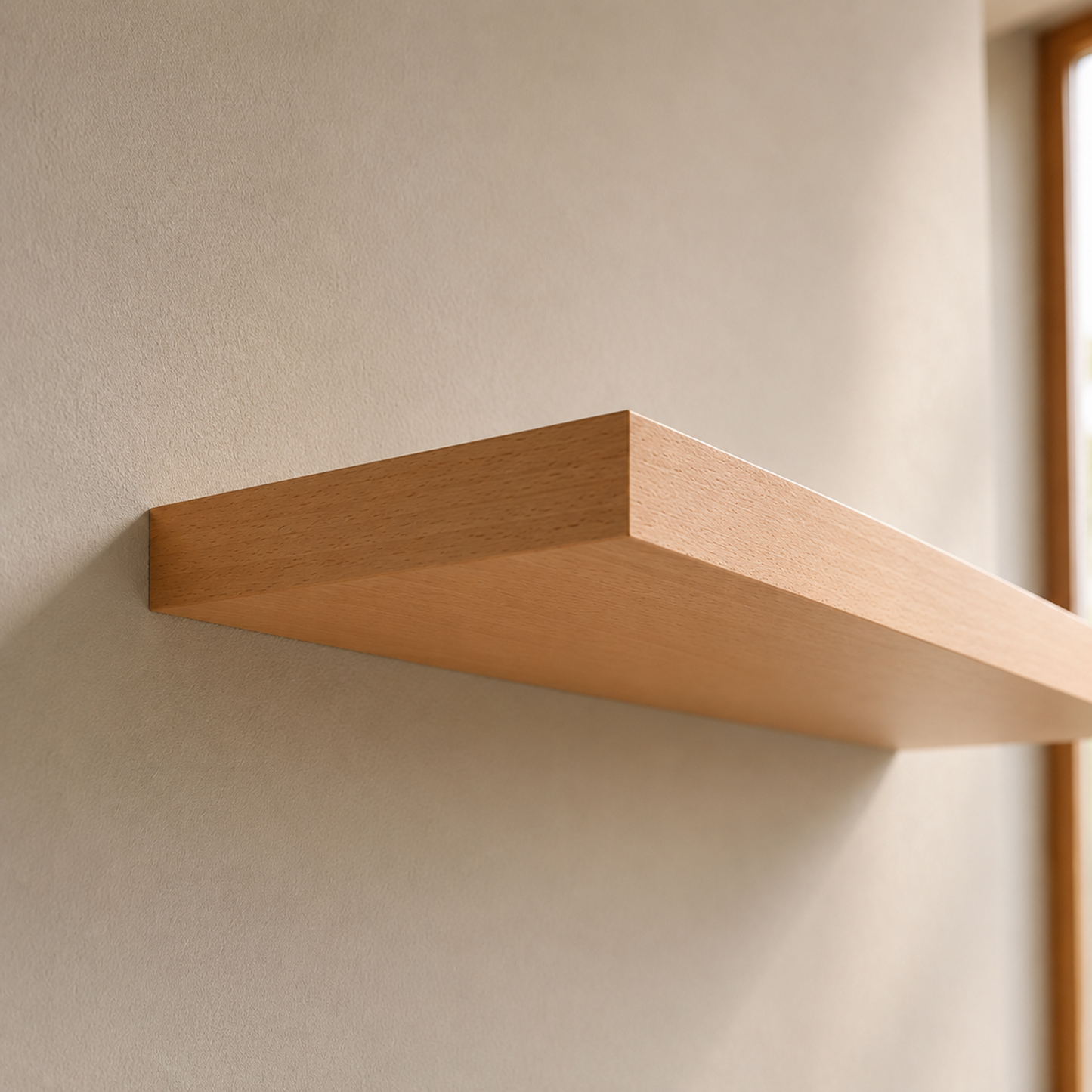 Perspektivische Detailaufnahme eines schwebenden Wandboards ECO aus furnierter Buche. Die helle, feinporige Holzoberfläche und die präzise verarbeiteten Kanten unterstreichen das minimalistische Design mit verdeckter Wandbefestigung.