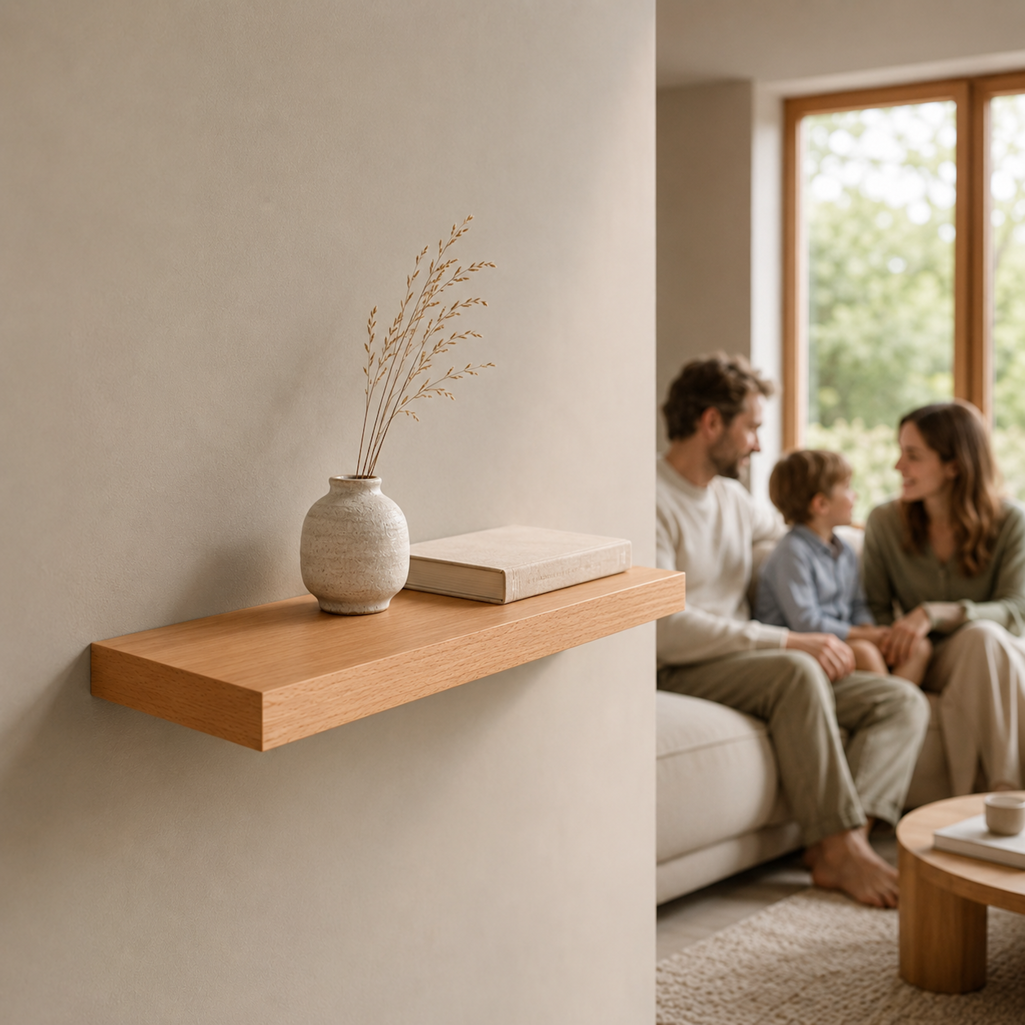 Schwebendes Wandboard ECO aus furnierter Buche mit Keramikvase und Buch. Im unscharfen Hintergrund sitzt eine Familie auf einem Sofa vor großen Fenstern. Die warme Holzoberfläche und die schwebende Optik fügen sich harmonisch in das helle Wohnambiente ein.