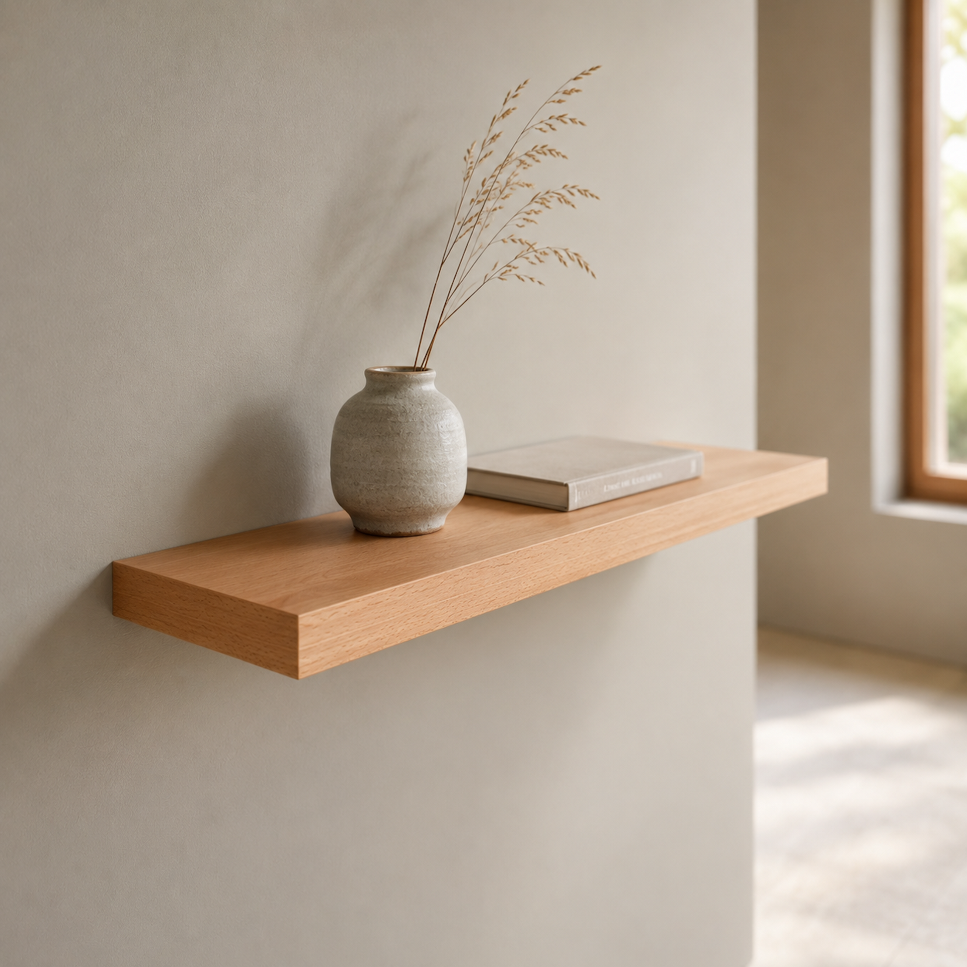 Schwebendes Wandboard ECO aus furnierter Buche an einer hellen Wand. Die warme Holzoberfläche wird durch eine Keramikvase mit getrockneten Gräsern und ein dekoratives Buch ergänzt. Die schwebende Optik und die natürliche Ausstrahlung fügen sich harmonisch in ein modernes Wohnambiente ein.
