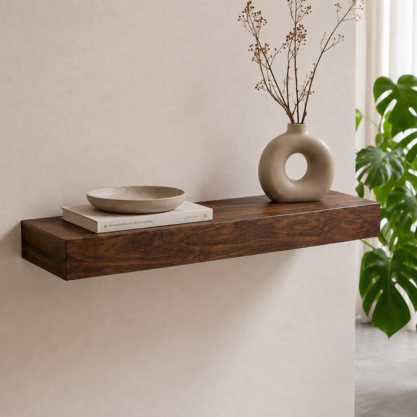 Wandboard ECO aus furniertem Nussbaum mit verdeckter Befestigung. Schwebendes Holzregal mit markanter Nussbaum-Maserung und hochwertiger Furnieroberfläche.