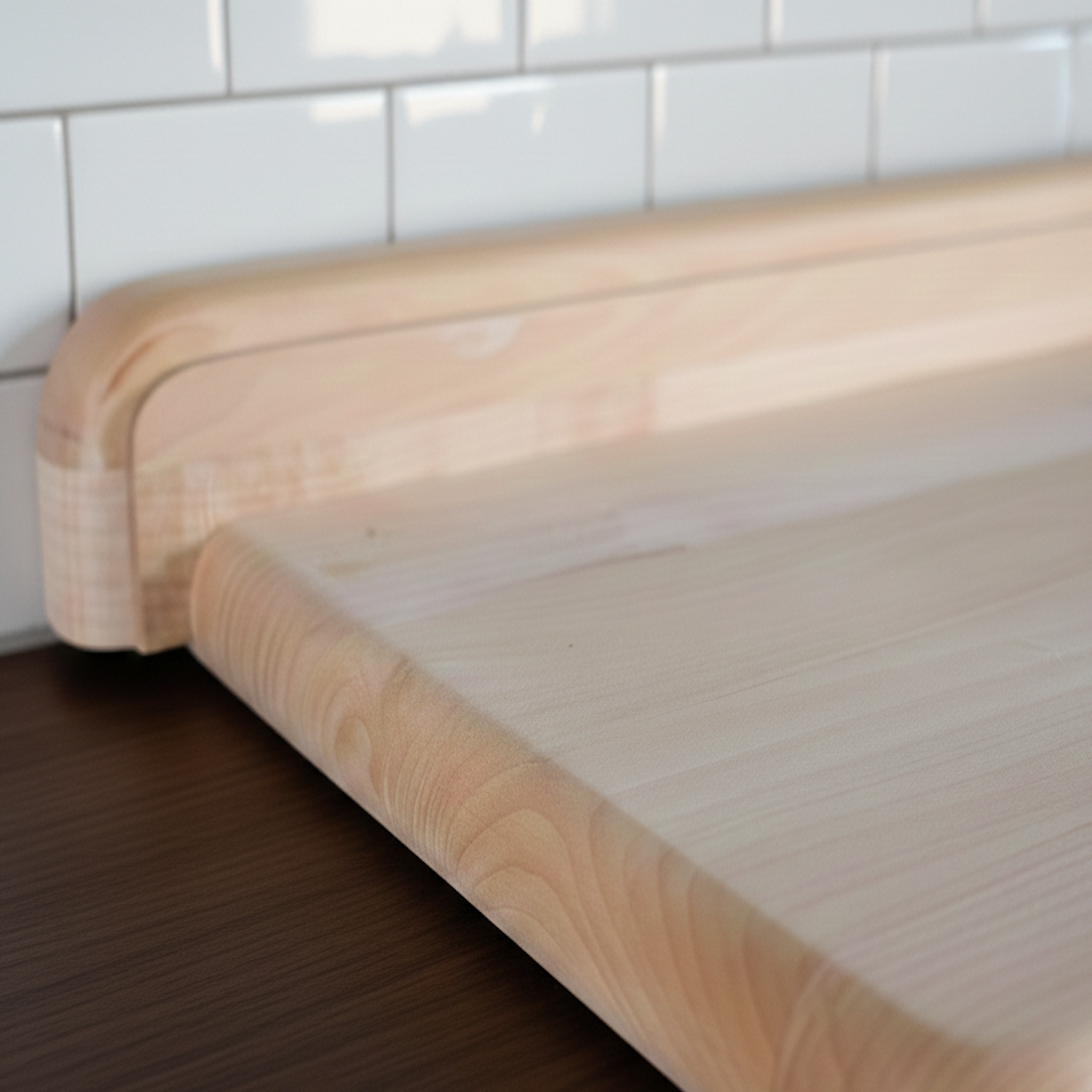 Detailansicht der Anschlagkante eines Backbretts aus massivem Ahorn