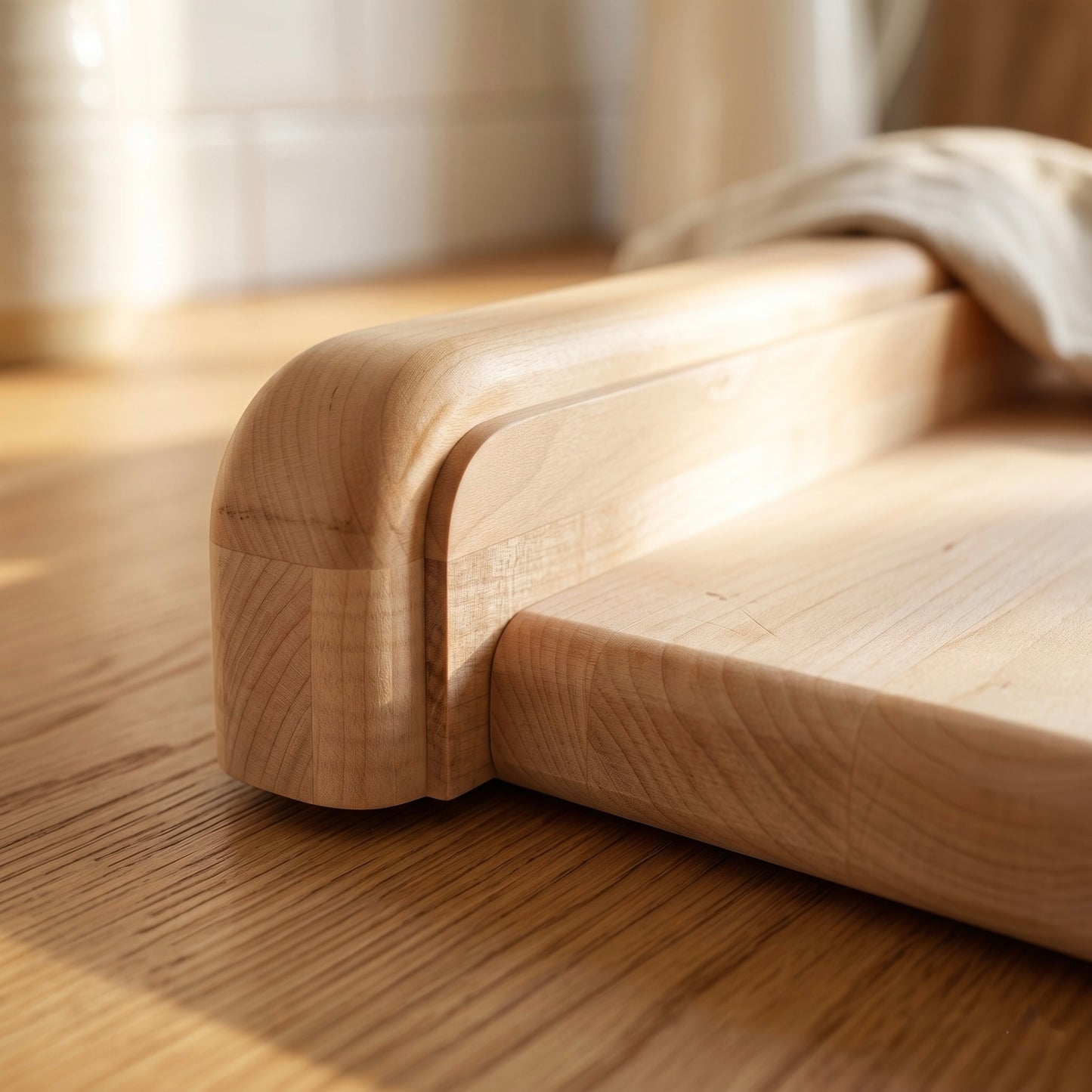 Detailaufnahme eines handgefertigten Backbretts aus massivem Ahornholz mit abgerundeter Anschlagkante und hochwertiger Verarbeitung.