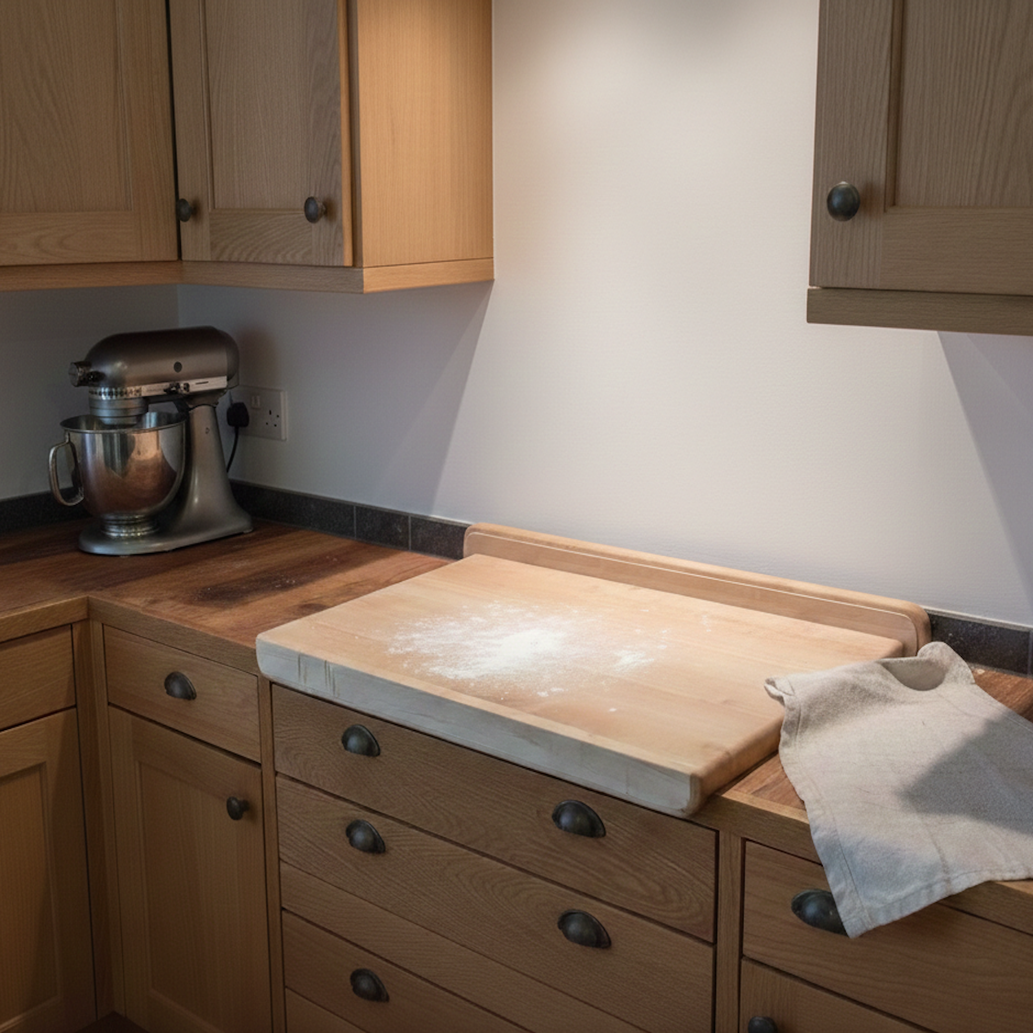 Backbrett aus massivem Ahorn beim Backen mit Mehl in einer traditionellen Küche