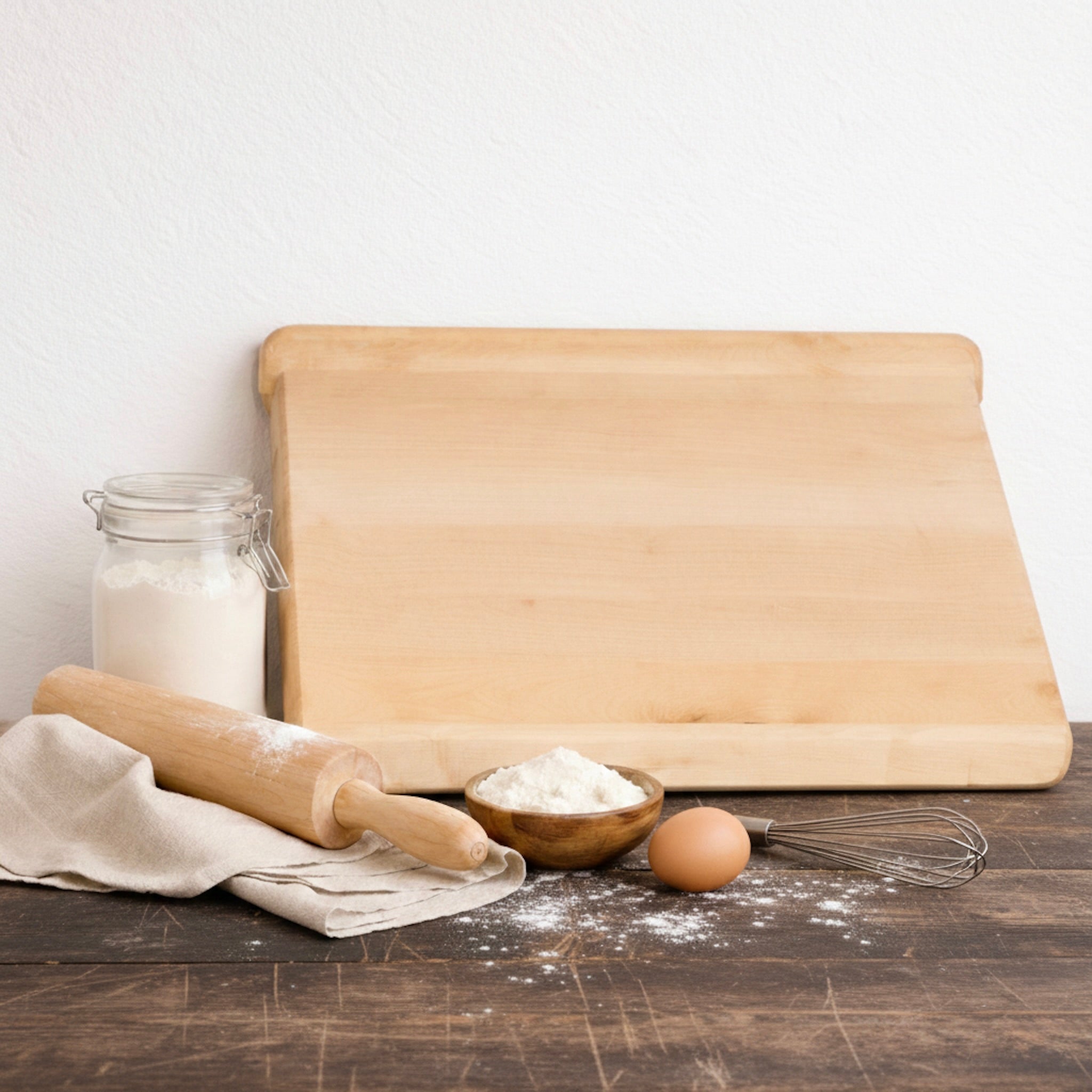 Massives Backbrett aus Ahorn mit Mehl, Ei und Backutensilien auf Holzarbeitsfläche