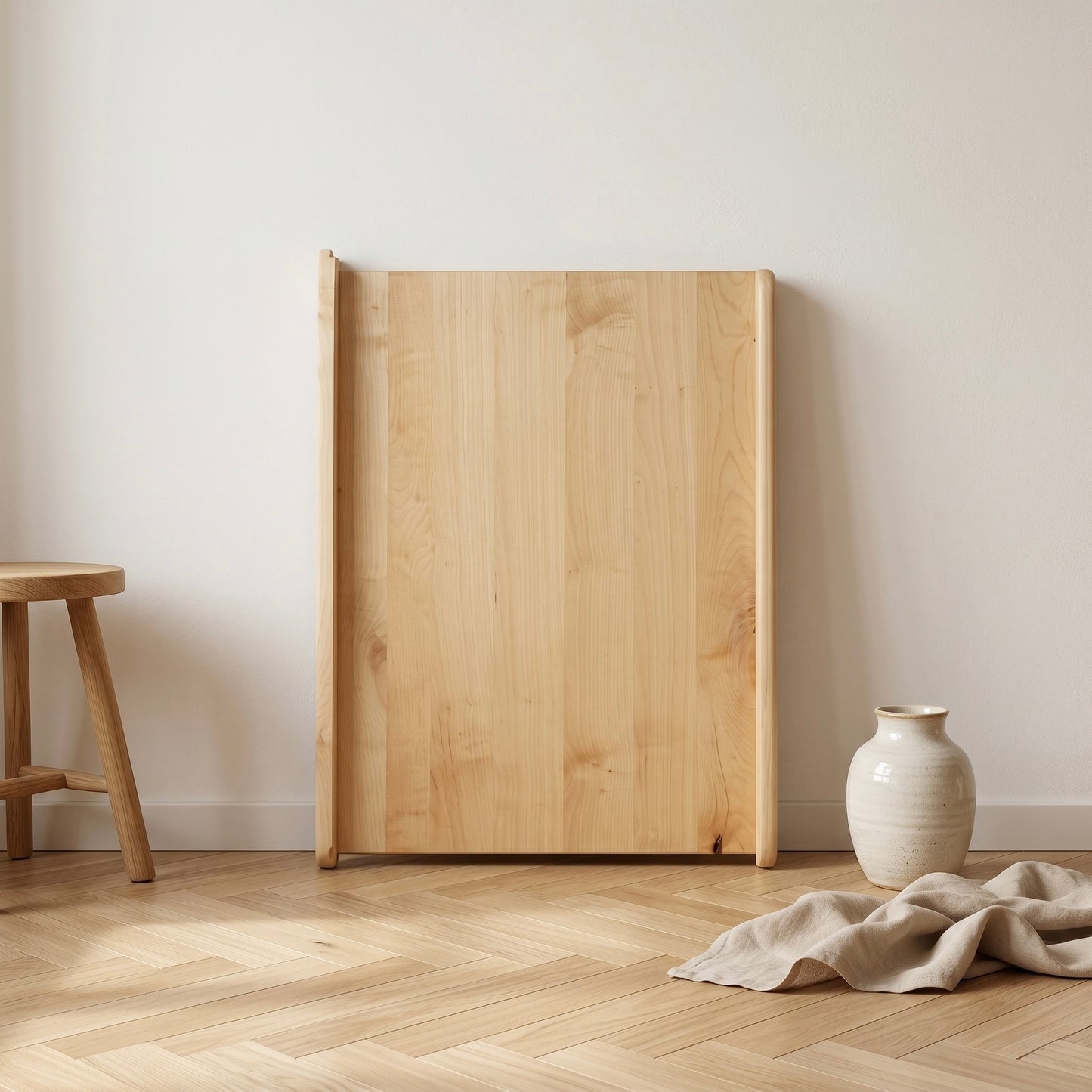 Handgefertigtes Backbrett aus massivem Ahornholz mit Anschlagkante in hellem, minimalistischen Interior mit natürlicher Holzoptik.