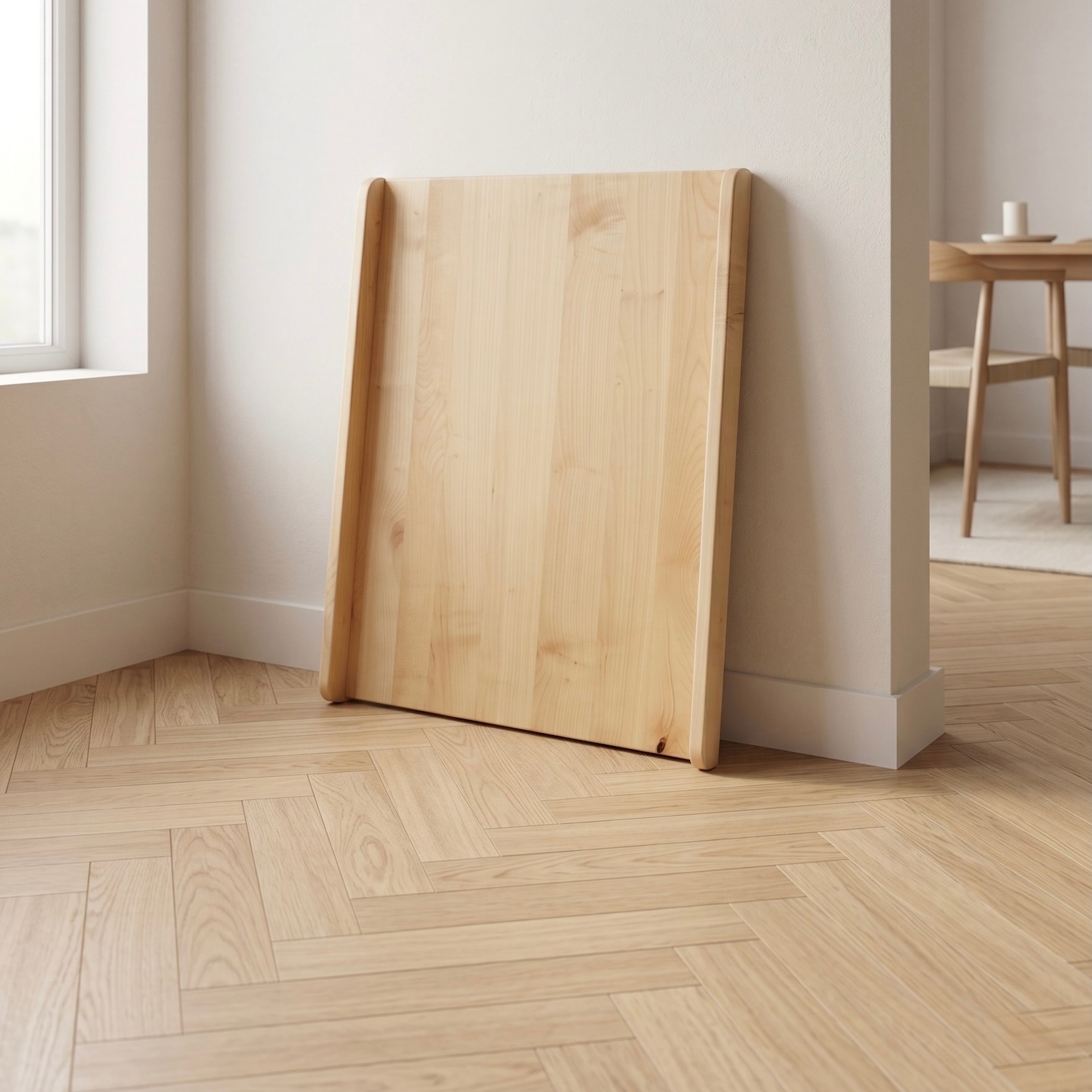 Handgefertigtes Backbrett aus massivem Ahornholz mit Anschlagkante in hellem, minimalistischen Wohn- und Küchenbereich mit natürlicher Holzoptik.
