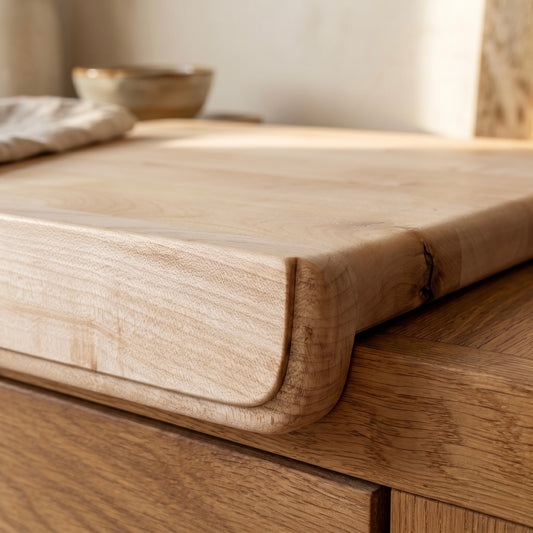 Detailaufnahme eines massiven Backbretts aus Ahornholz mit integrierter Anschlagkante und sanft gerundeten Kanten in warmer Holzoptik.