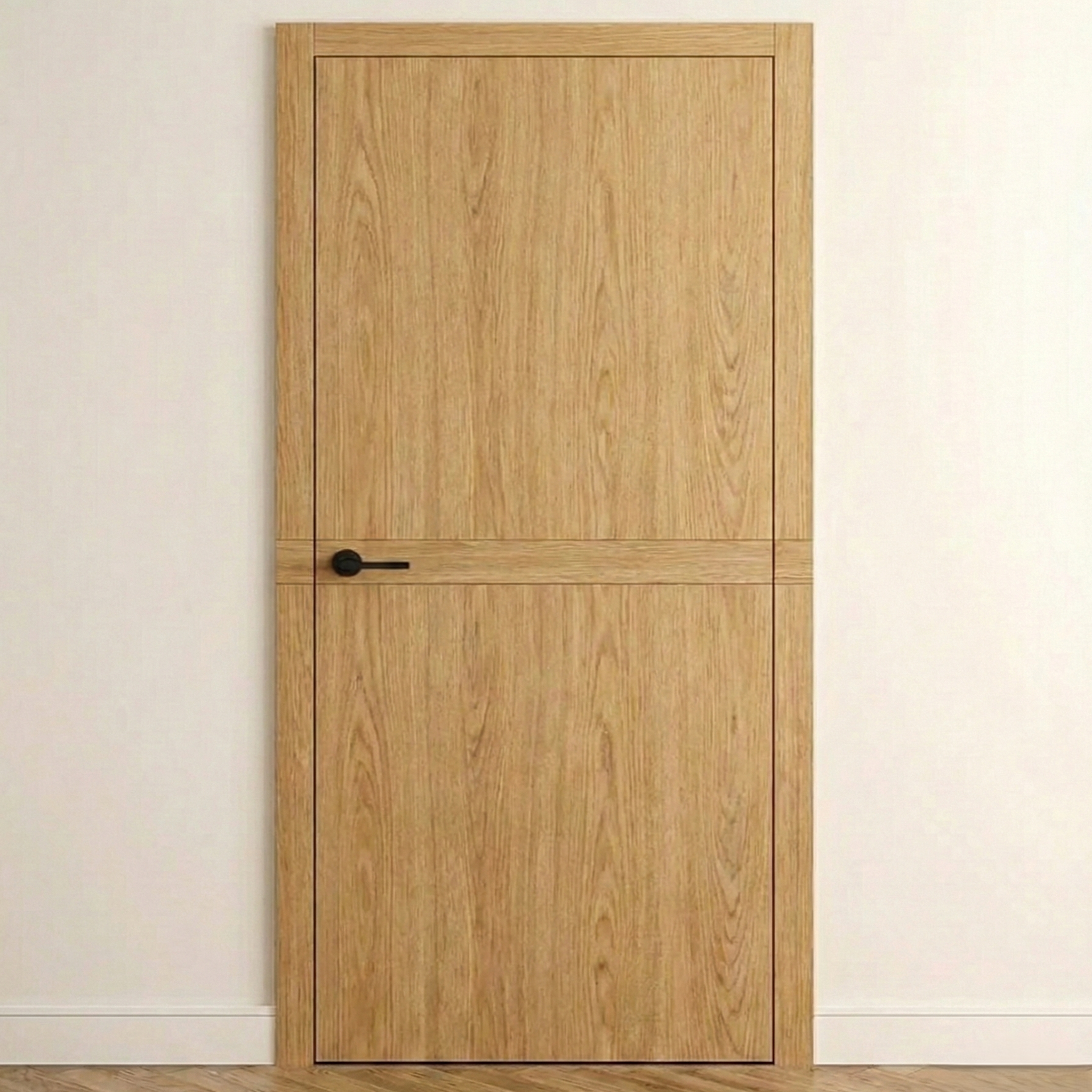 Design-Innentür Cross Line aus Eiche in klarer Frontansicht mit Zarge – stumpf einschlagende Premium-Innentür