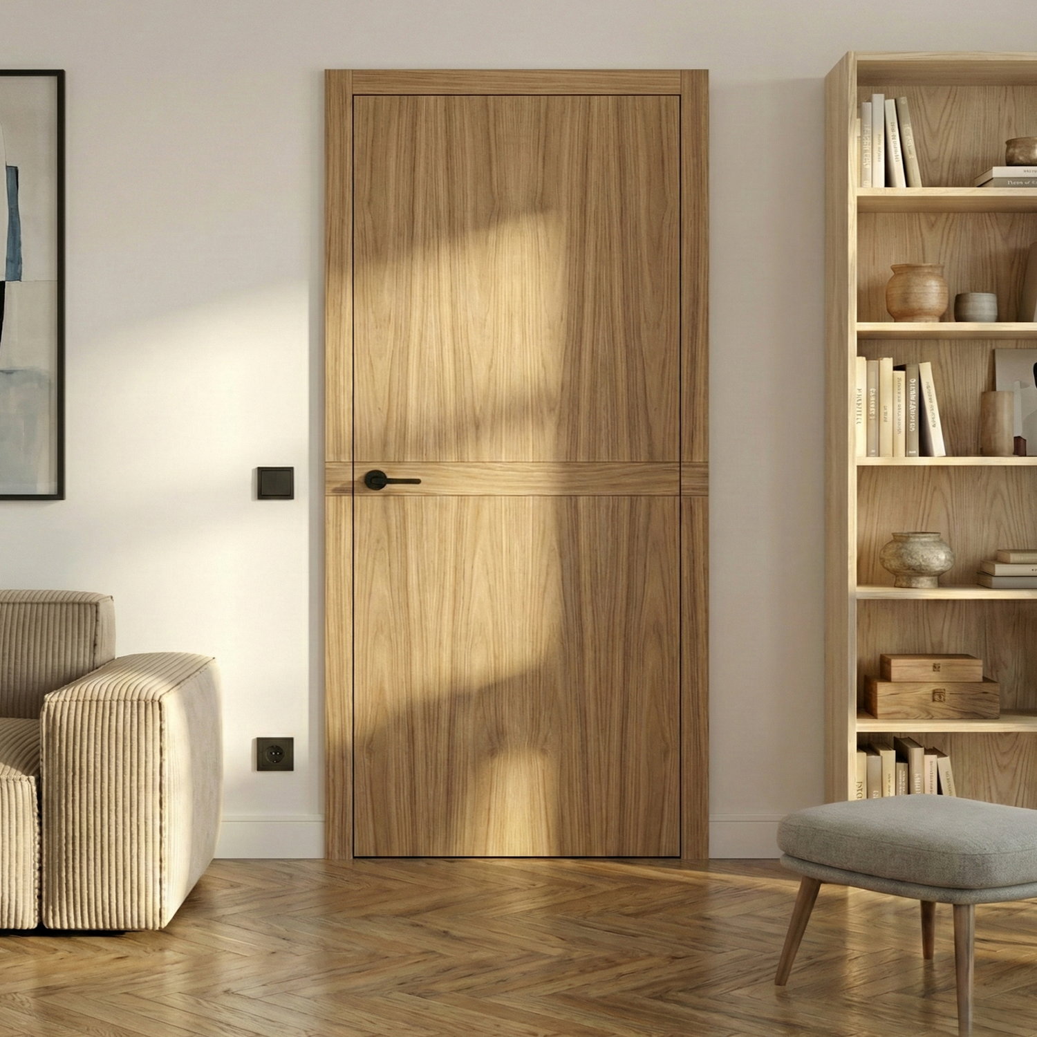 Design-Innentür Cross Line aus Eiche in moderner Wohnraumsituation – stumpf einschlagend mit durchlaufendem Querfurnier