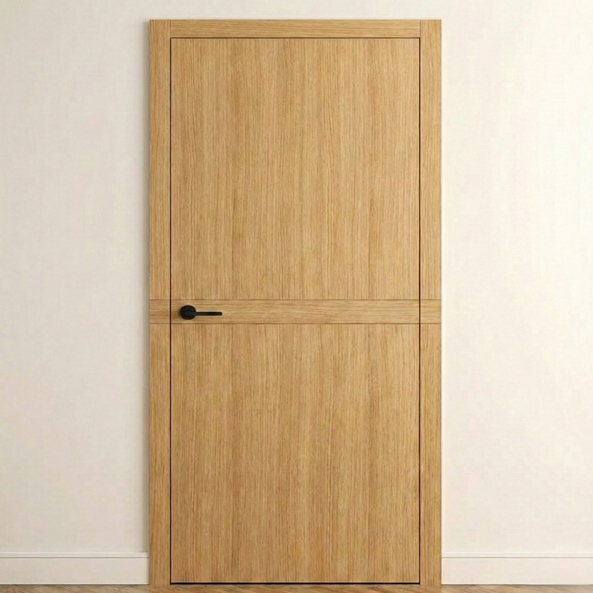 Design-Innentür Cross Line aus Eiche in schlichter Frontansicht – stumpf einschlagend mit durchlaufendem Querfurnier