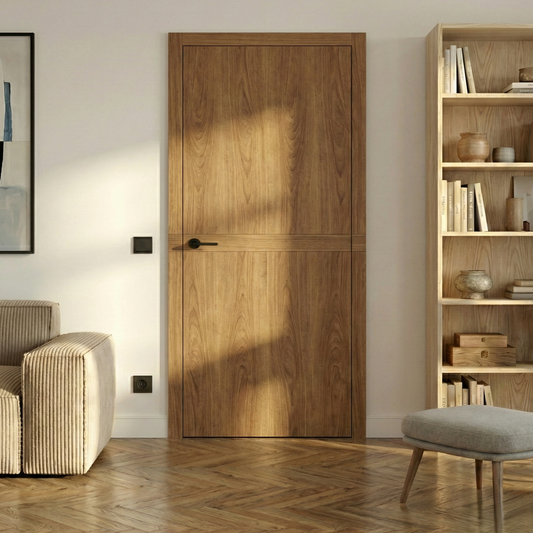 Design Innentür Cross Line aus Ulme, stumpf einschlagend mit verdeckten Bändern und durchlaufendem Querfurnier – Holz Leidenschaft