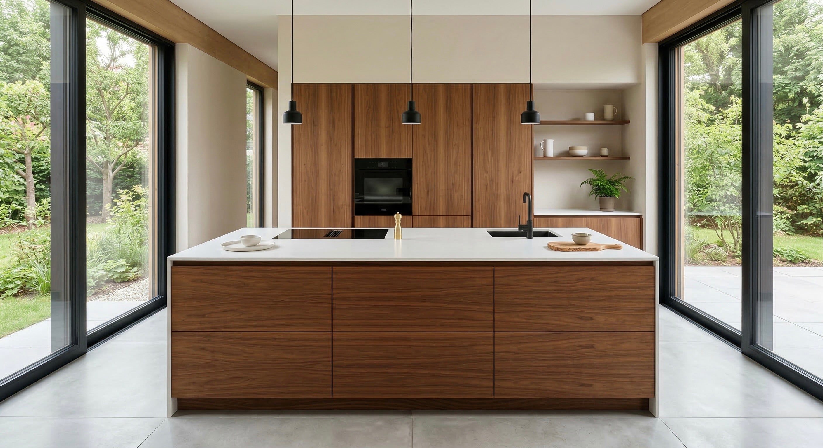 Moderne minimalistische Küche aus Holz mit Kochinsel und großen Fensterflächen