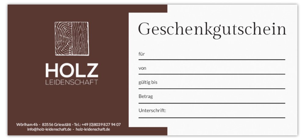 Geschenkgutschein von Holz Leidenschaft zum Ausfüllen mit Betrag und Name