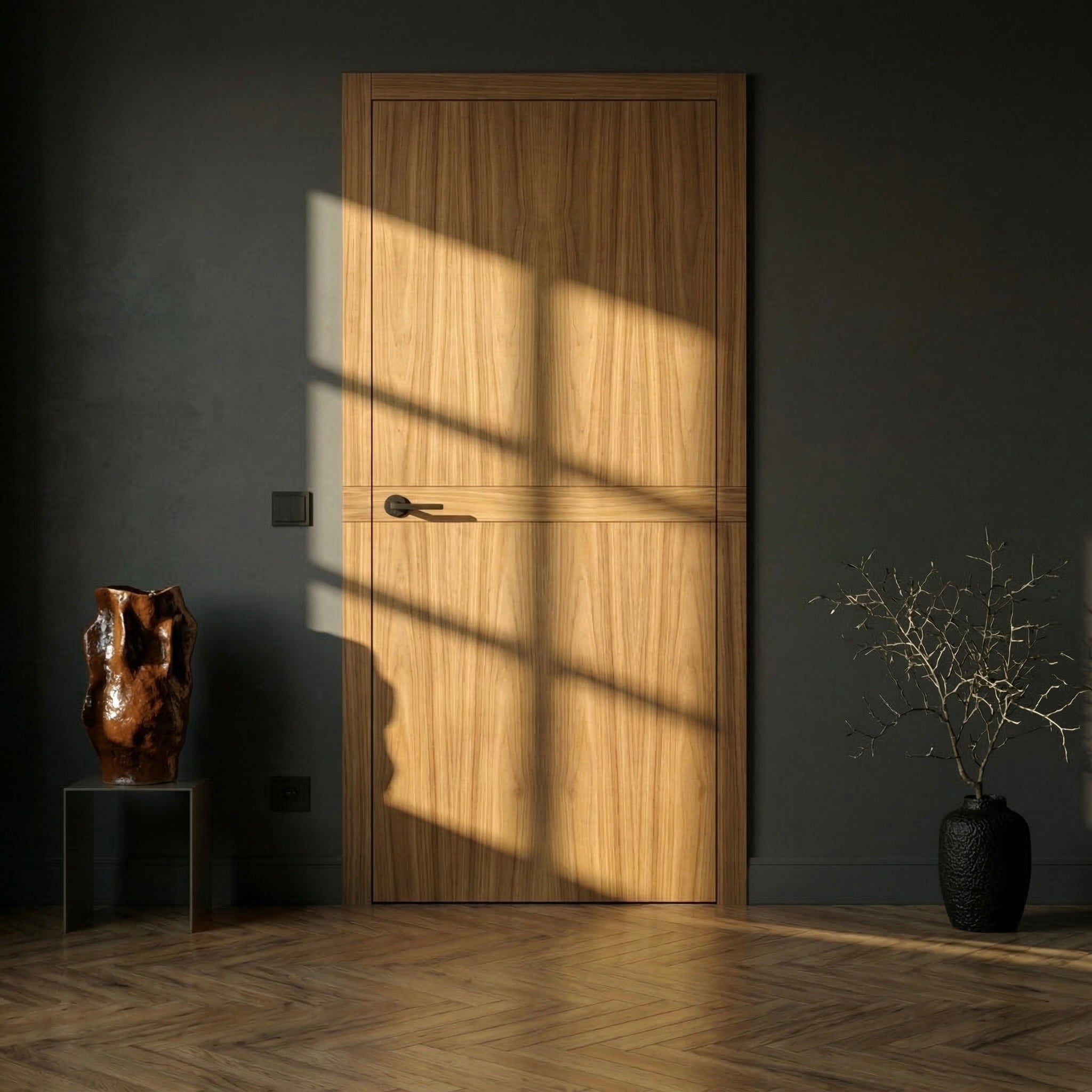 Design Innentür Cross Line aus Eiche mit starkem Lichteinfall und architektonischer Inszenierung