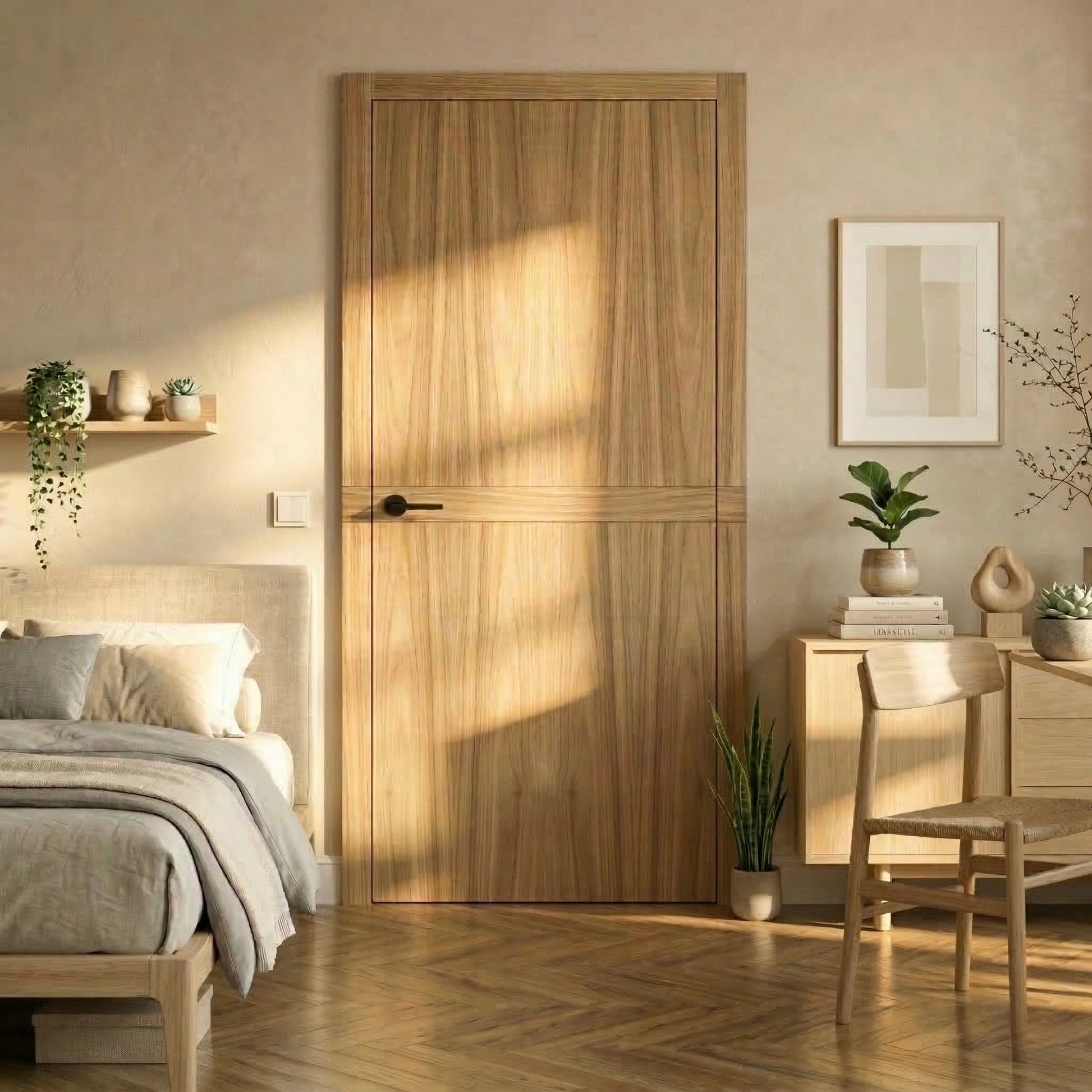 Design Innentür Cross Line aus Eiche in hellem Schlafzimmer mit warmem Licht und natürlicher Einrichtung