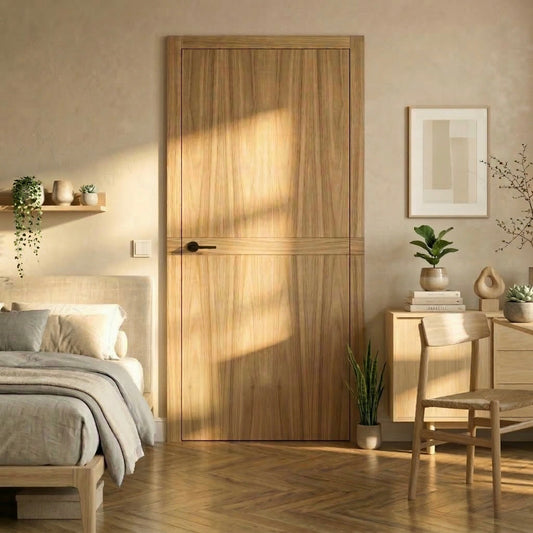 Design Innentür Cross Line aus Eiche in hellem Schlafzimmer mit warmem Licht und natürlicher Einrichtung