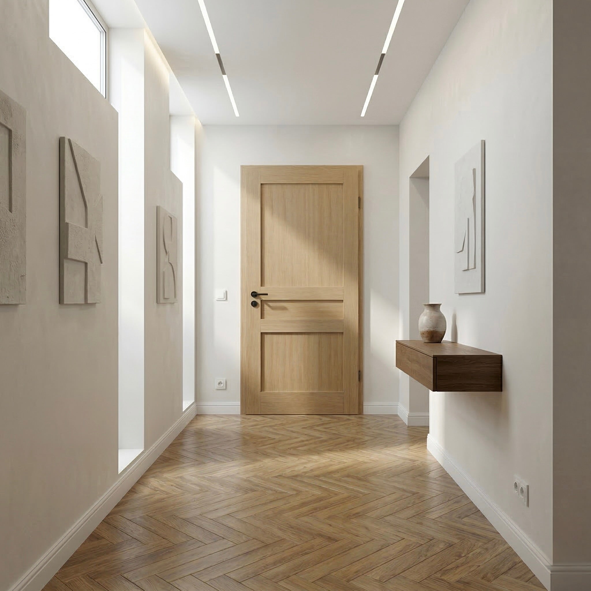 Moderne Innentür Kontur 1 aus Eiche in hellem Flur mit klarer Architektur und Fischgrätboden