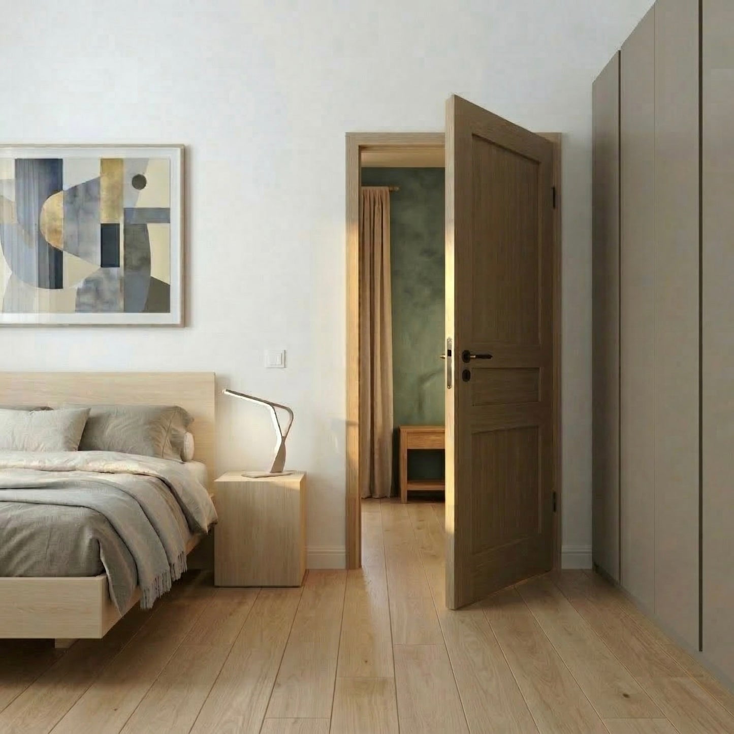 Geöffnete Innentür Kontur 1 aus Eiche in einem modernen Schlafzimmer mit warmem Licht und klarer Linienführung