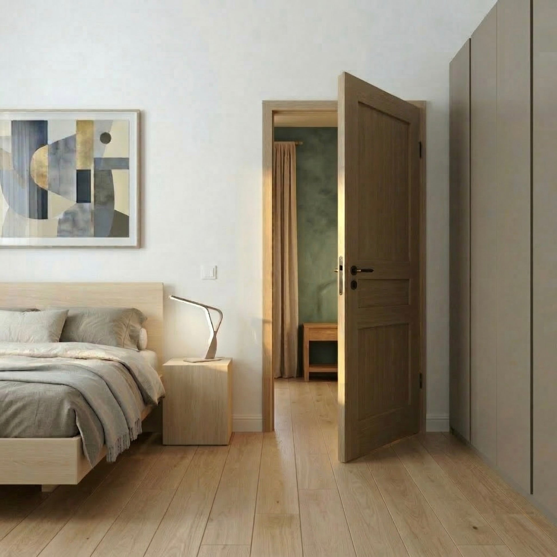 Geöffnete Innentür Kontur 1 aus Eiche in einem modernen Schlafzimmer mit warmem Licht und klarer Linienführung