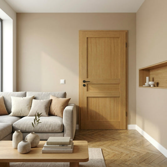 Geschlossene Innentür Kontur 1 aus Eiche mit Rahmenoptik in einem modernen Wohnzimmer mit warmen Naturtönen