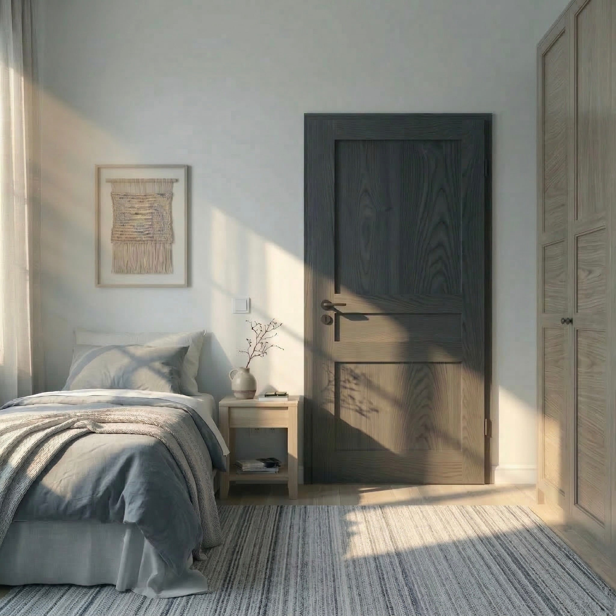 Innentür aus Esche Graphit in hellem Schlafzimmer mit weichem Tageslicht und ruhiger Atmosphäre