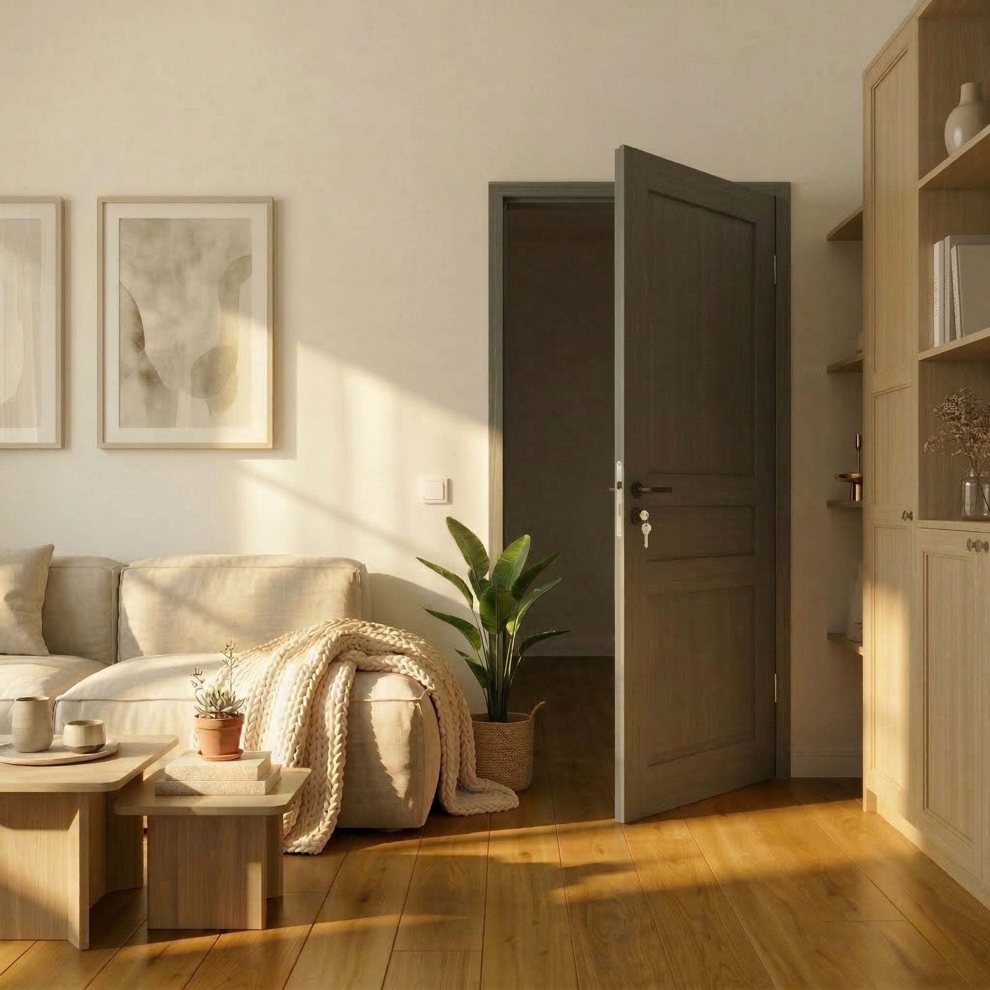 Geöffnete Innentür aus Esche Graphit in hellem Wohnzimmer mit Sofa, Pflanzen und warmem Sonnenlicht