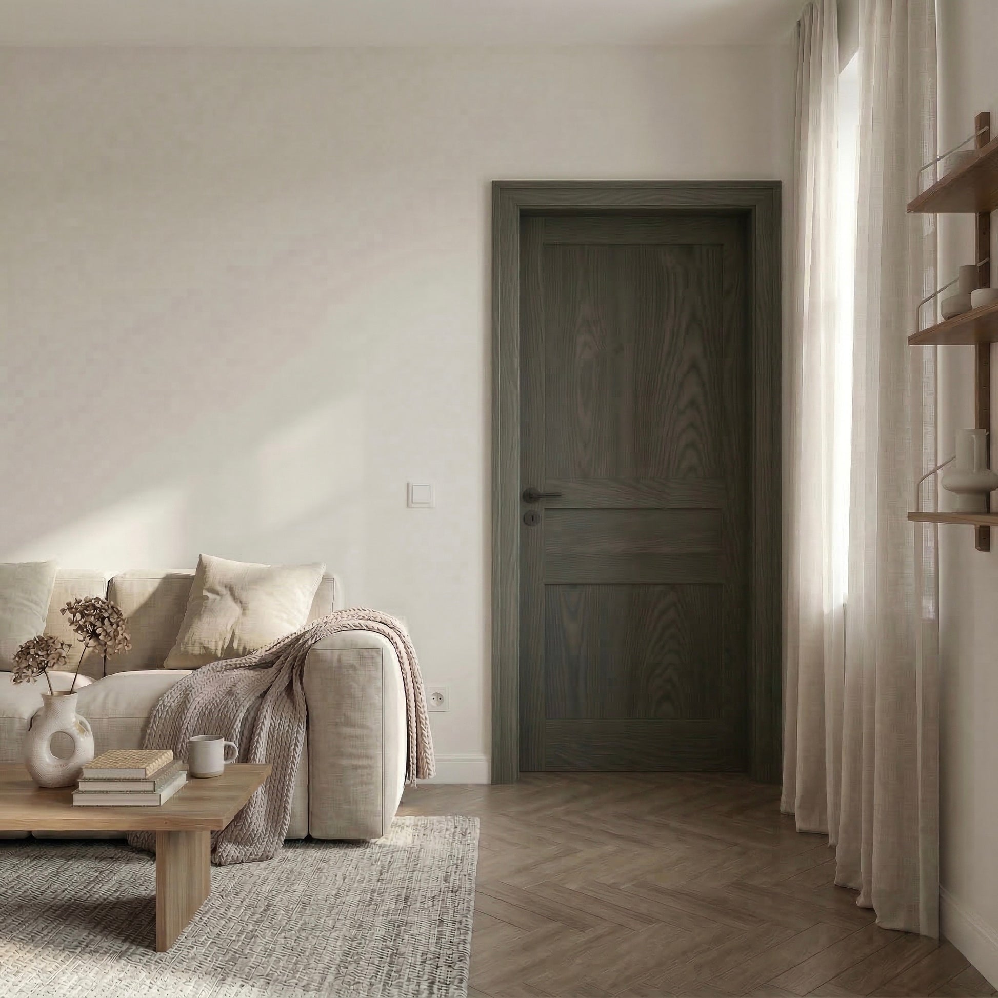Innentür Kontur 1 aus Esche Graphit in hellem Wohnzimmer mit Sofa, Vorhängen und ruhiger Atmosphäre