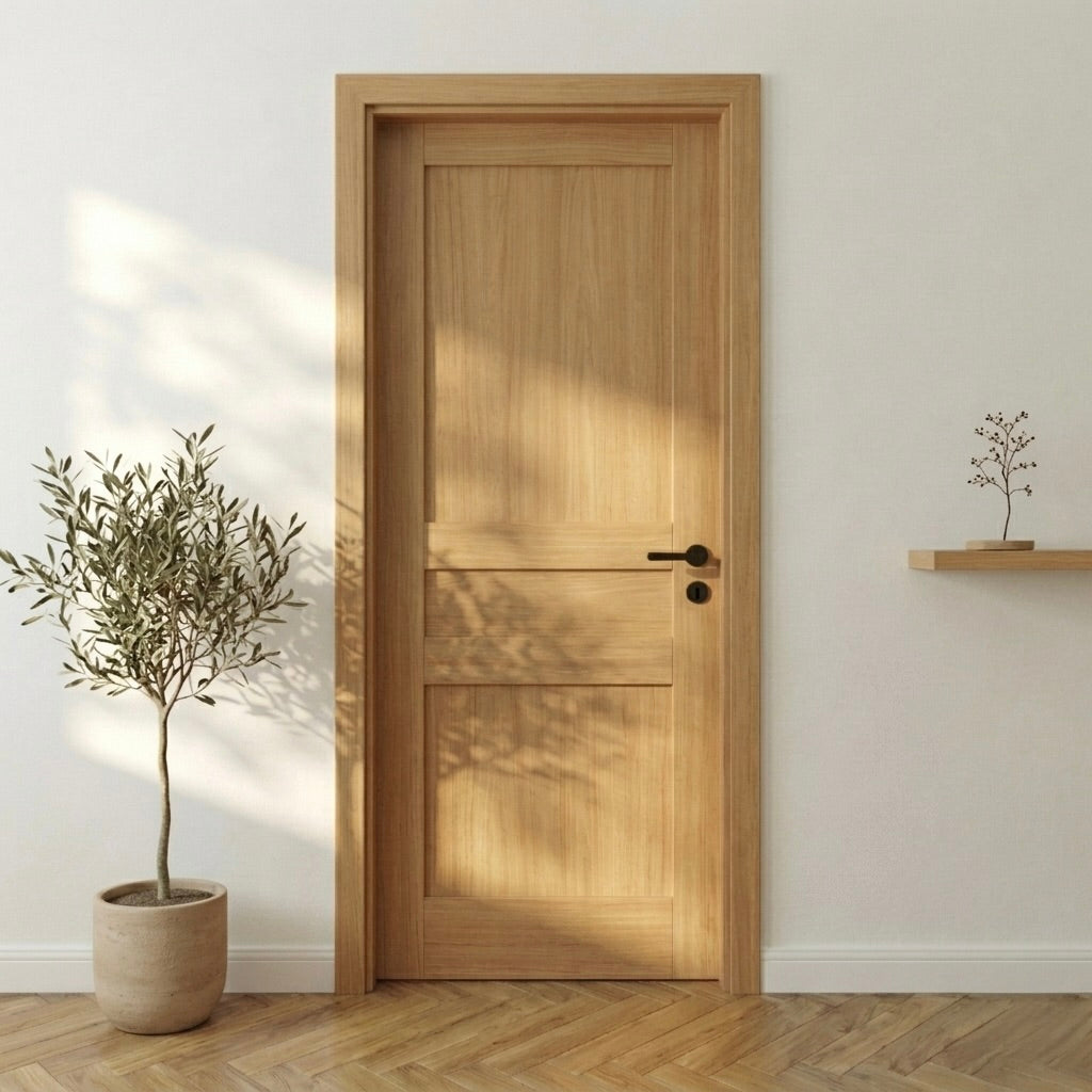 Innentür Kontur 1 aus Eiche in hellem Wohnraum mit warmem Licht und Holzboden