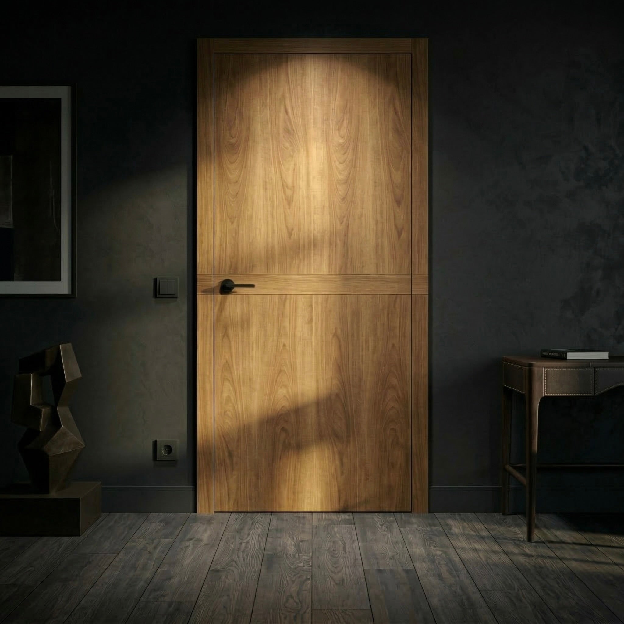 Design-Innentür Cross Line aus Ulme mit horizontaler Furnierlinie in dunklem, stimmungsvollen Wohnraum